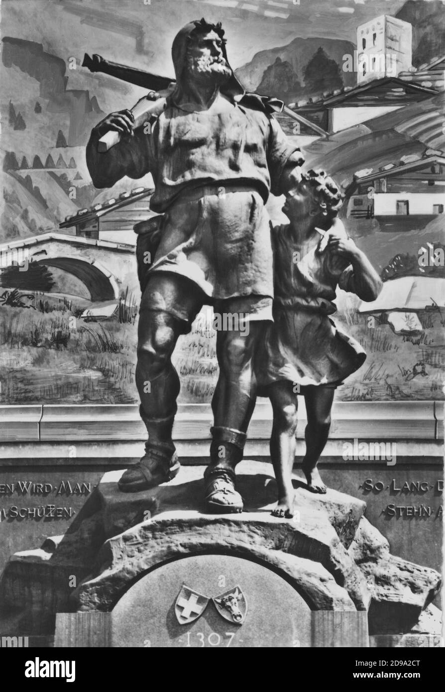 The WILHELM TELL saga , monument in  Kapuzinerkloster Allerheiligen in Altdorf . Statue by Swiss sculptor Richard Kissling ( 1848 - 1919 ) . William Tell (German: Wilhelm Tell; French: Guillaume Tell; Italian: Guglielmo Tell) is a legendary hero of disputed historical authenticity who is said to have lived in the alpine Canton of Uri in Switzerland in the early 14th century. Another documentation of Tell’s exploits is the Song of the Founding of the Confederation (German: Lied von der Entstehung der Eidgenossenschaft). This earliest surviving Tell song (German: Tellenlied) was composed around Stock Photo