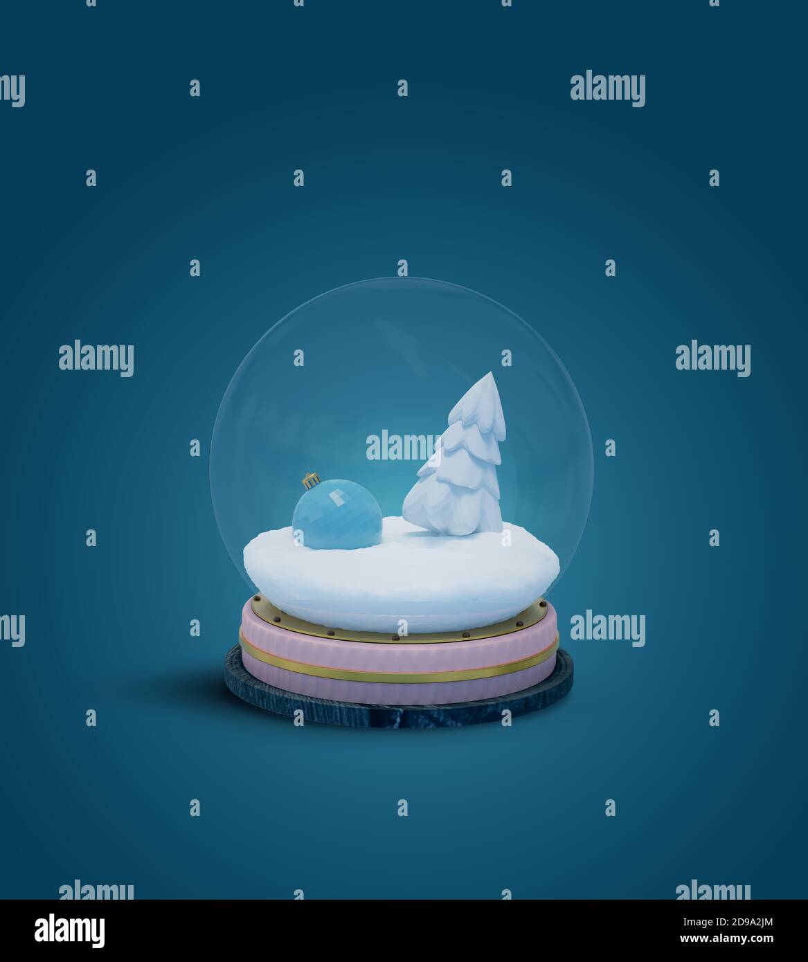 Snow globe with a New Year's toy and a white spruce in the snow isolated on a blue background. 3d render. Template for layout, greeting card Stock Photo