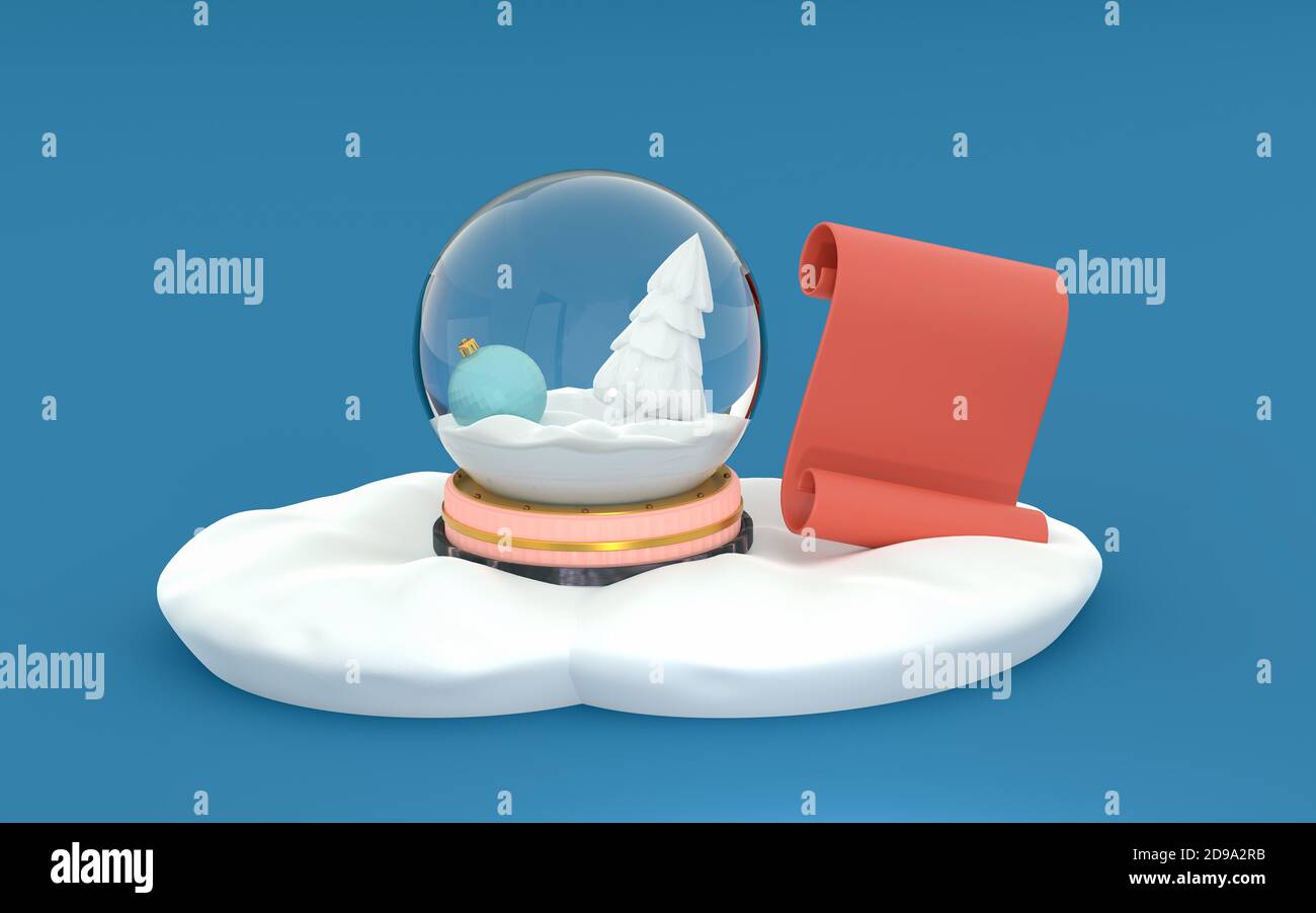 Snow globe with a New Year's toy and a white spruce in the snow isolated on a blue background. Red scroll for text. 3d render. Template for layout, gr Stock Photo
