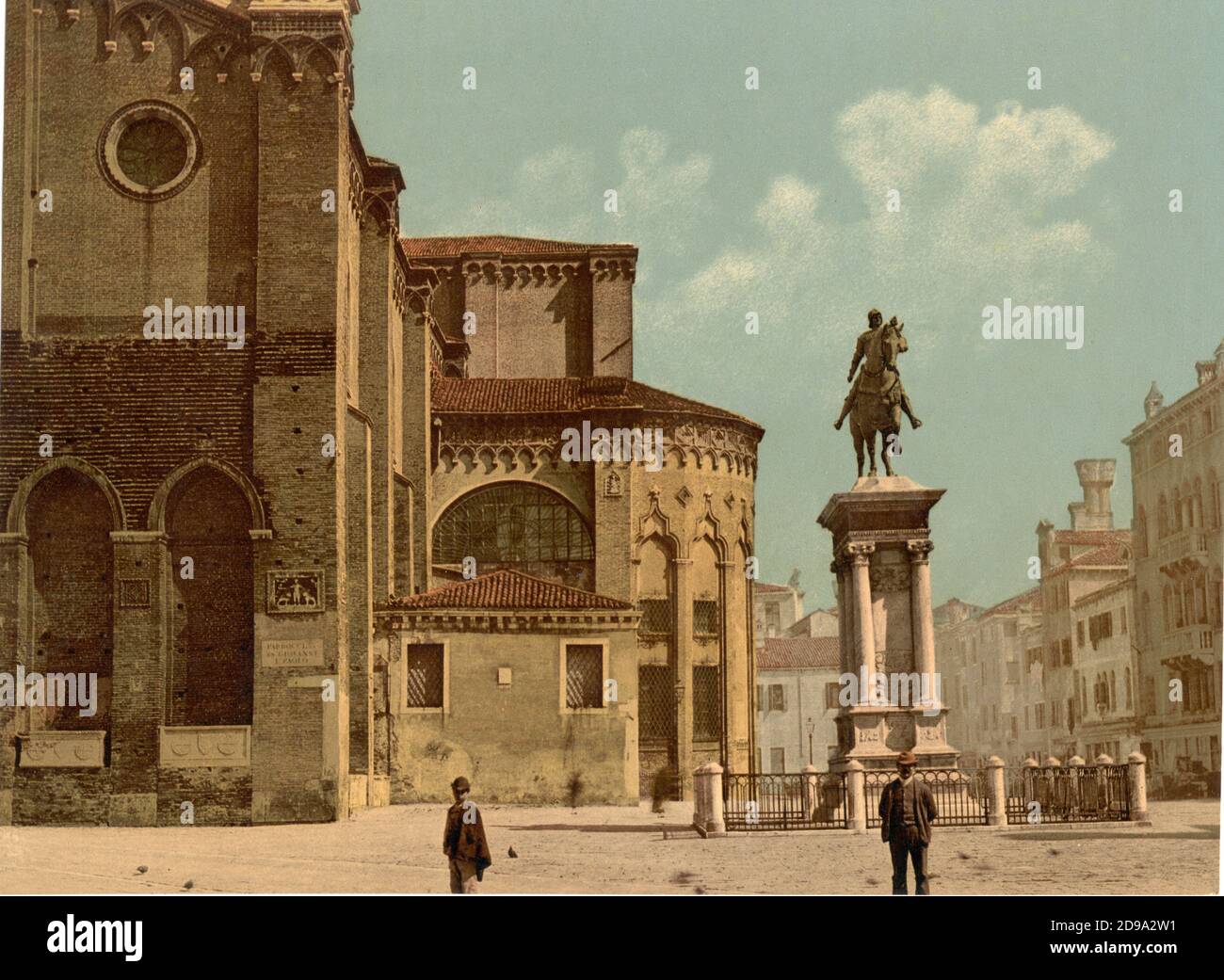 1895 ca. , VENEZIA ,  ITALY : Santi Giovanni e Paolo church and statue of Bartolomeo Colleoni by Verrocchio  . Photocrom print colors edited by Detroit Publishing Co.  -  VENICE - VENETO -  ITALIA - FOTO STORICHE - HISTORY - GEOGRAFIA - GEOGRAPHY  - ARCHITETTURA - ARCHITECTURE  -    -  ARTS - ARTE  - statua equestre - statue - CHIESA  ----  Archivio GBB Stock Photo
