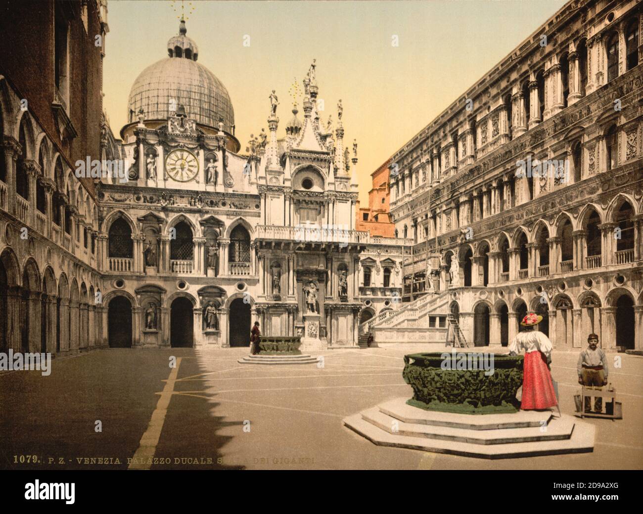 1895 ca. , VENEZIA ,  ITALY : Cortile and Scala dei Giganti ,  PALAZZO DUCALE . Photochrom print colors edited by Detroit Publishing Co.  -  VENICE - VENETO -  ITALIA - FOTO STORICHE - HISTORY - GEOGRAFIA - GEOGRAPHY  - ARCHITETTURA - ARCHITECTURE  -     - ARTS - ARTE - OTTOCENTO - 800's - '800 - VENETO - tourists - turista - turisti - turismo   ----  Archivio GBB Stock Photo