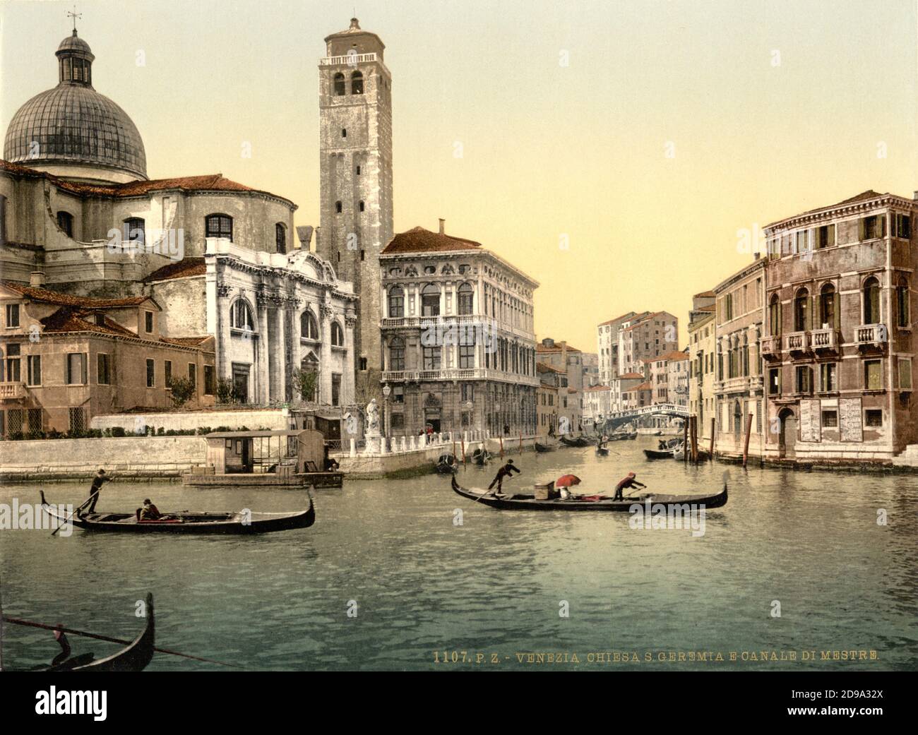 1895 ca. , VENEZIA ,  ITALY : The  CHIESA DI SAN GEREMIA and Canale di Mestre  . Photocrom print colors edited by Detroit Publishing Co.  -  VENICE - VENETO -  ITALIA - FOTO STORICHE - HISTORY - GEOGRAFIA - GEOGRAPHY  - ARCHITETTURA - ARCHITECTURE  -    -  ARTS - ARTE - canal - gondola - gondole - CHURCH St GEREMY   ----  Archivio GBB Stock Photo