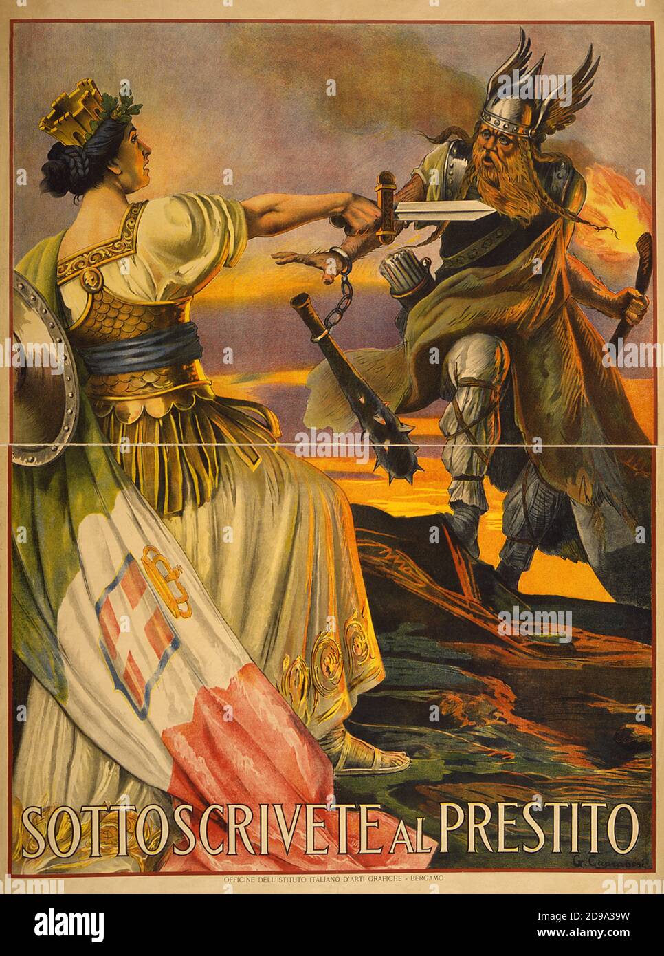1917 , ITALY : Italian advertising propaganda poster for the SOTTOSCRIVETE  AL PRESTITO NAZIONALE DI GUERRA , War Bounds Founds . Artwork by  illustrator painter Giovanni Capranesi ( 1852 - 1925 ).