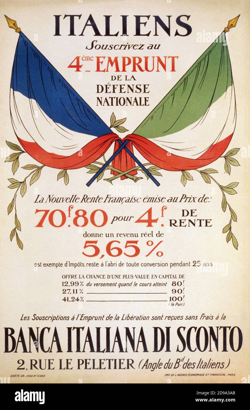 1918 ,  FRANCE  : French advertising propaganda poster for the  italian BANCA ITALIANA DI SCONTO , War Bonds Founds  . French and Italian flags crossed. Italy had joined the Triple Alliance with Germany and Austia-Hungary in 1882, but had declared its neutrality in 1914. At this time, both sides, knowing of Italy's interest in colonial expansion, tried to influence Italy over to their side. In 1915, the Triple Entente agreed to Italy's demands for colonial territories and Italy came into the war on the side of the Allied Powers. - WORLD WAR I - WWI - PRIMA GUERRA MONDIALE - Grande Guerra - Gre Stock Photo