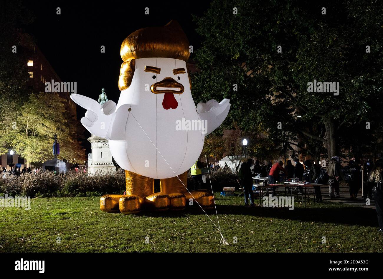 November 3, 2020 - Washington, DC, United States: A large Trump Chicken balloon near an election night watch party in McPherson Square. (Photo by Michael Brochstein/Sipa USA) Stock Photo