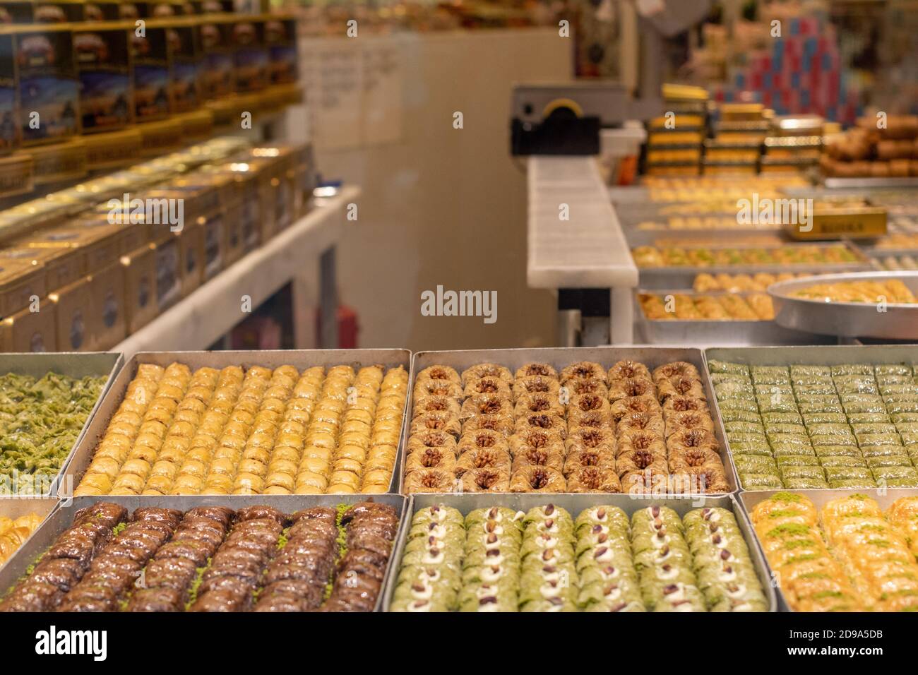 Shop window with traditional Turkish sweets. Turkish delight dessert Stock Photo