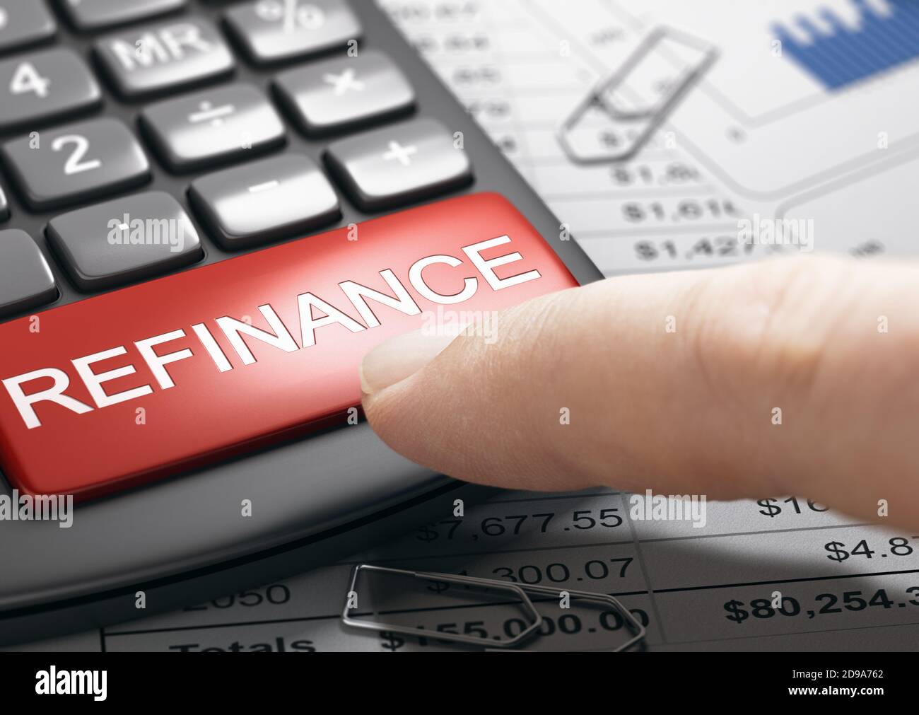 Finger about to press a red button on a conceptual refinance calculator. Concept of bad credit repair. Composite image between a hand photography and Stock Photo