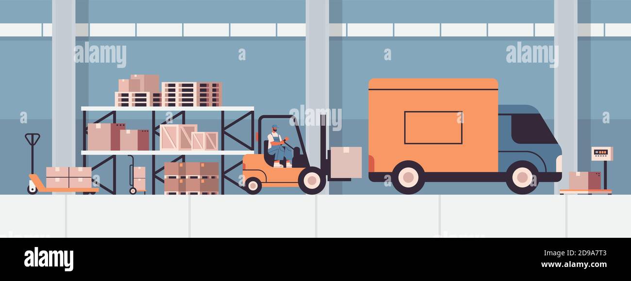 forkplift driver loading cardboard boxes in van product goods shipping ...