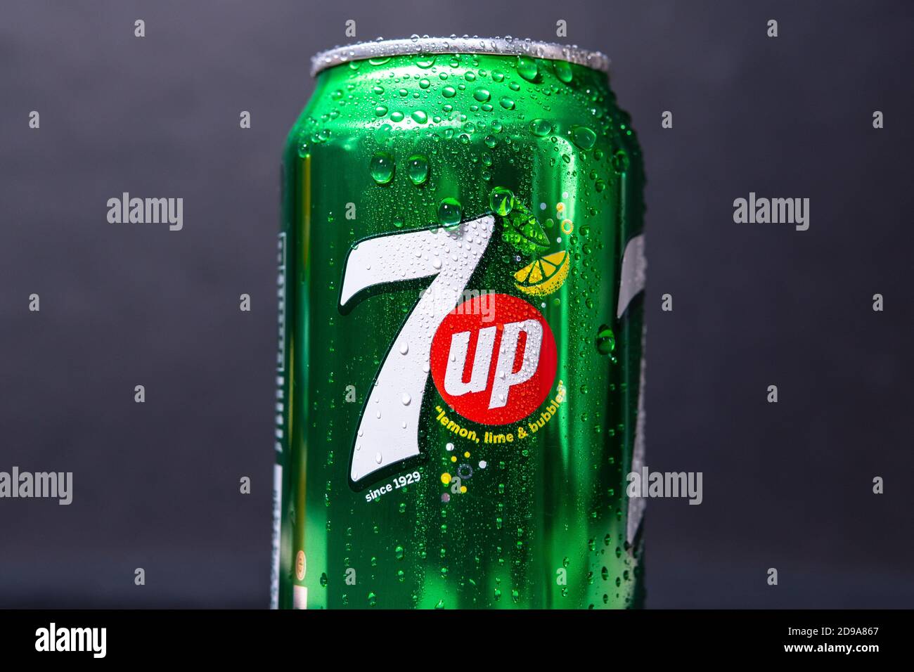 Tyumen, Russia-November 02, 2020: 7 Up is lemon lime flavored drink. 7Up was created by Charles Leiper Grigg in 1929 Stock Photo