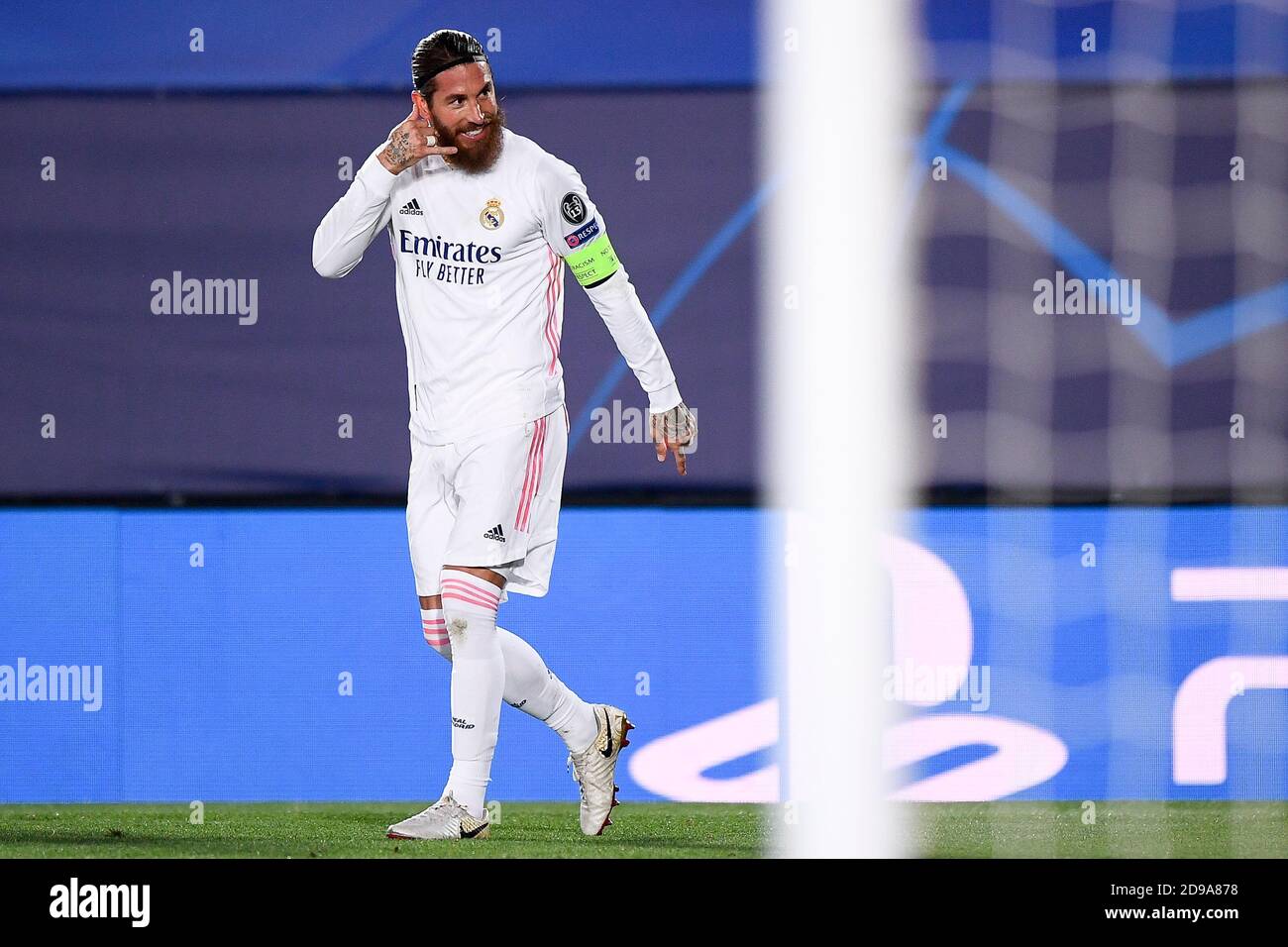 Madrid, Spain - 03 November, 2020: Sergio Ramos of Real Madrid CF celebrates after scoring his 100th goal for Real Madrid CF during the Champions League Group B football match between Real Madrid CF and FC Internazionale. Real Madrid CF won 3-2 over FC Internazionale. Credit: Nicolò Campo/Alamy Live News Stock Photo