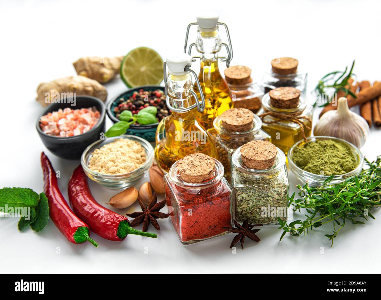 Various spices isolated on white background, top view Stock Photo
