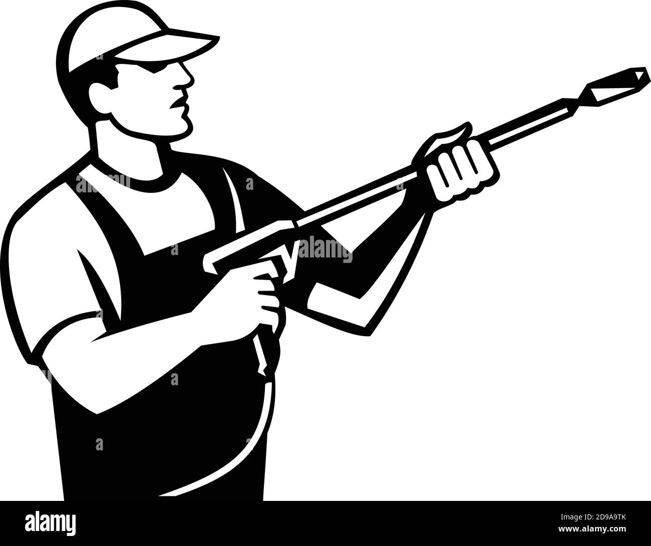 Illustration of a worker with water blaster pressure power washing sprayer spraying viewed from side done in retro black and white style. Stock Vector