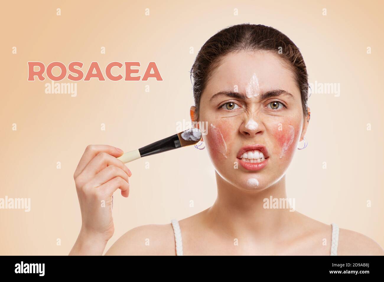 Portrait of a young Caucasian woman who is angry and puts a brush mask