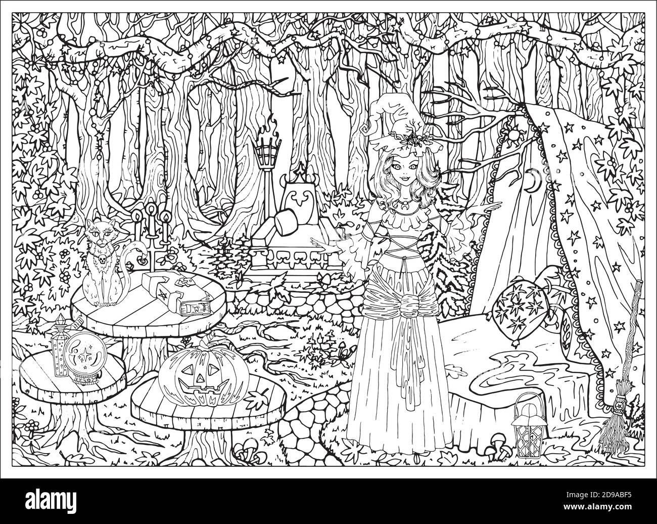 Beautiful Witch Girl With Mystic Animals At Her House In The Forest Outdoors Hand Drawn Vector Illustration For Coloring Page And Book Black And Whi Stock Vector Image Art Alamy