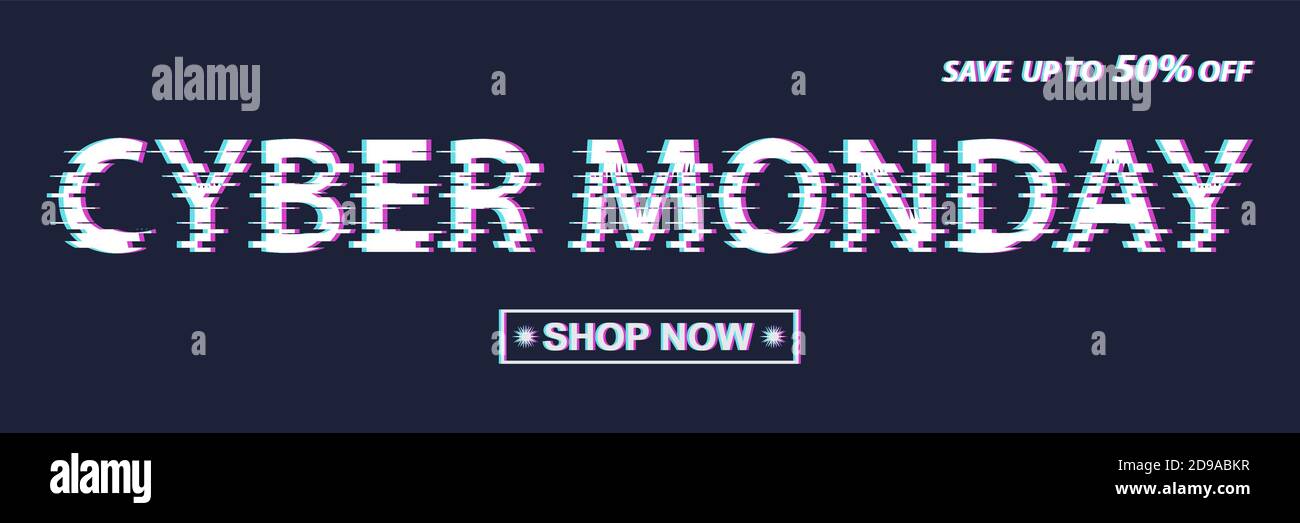 Cyber monday sale advirtising banner set in glitch pattern. Special offers and discounts on electronics and technology. Digital design vector Stock Vector