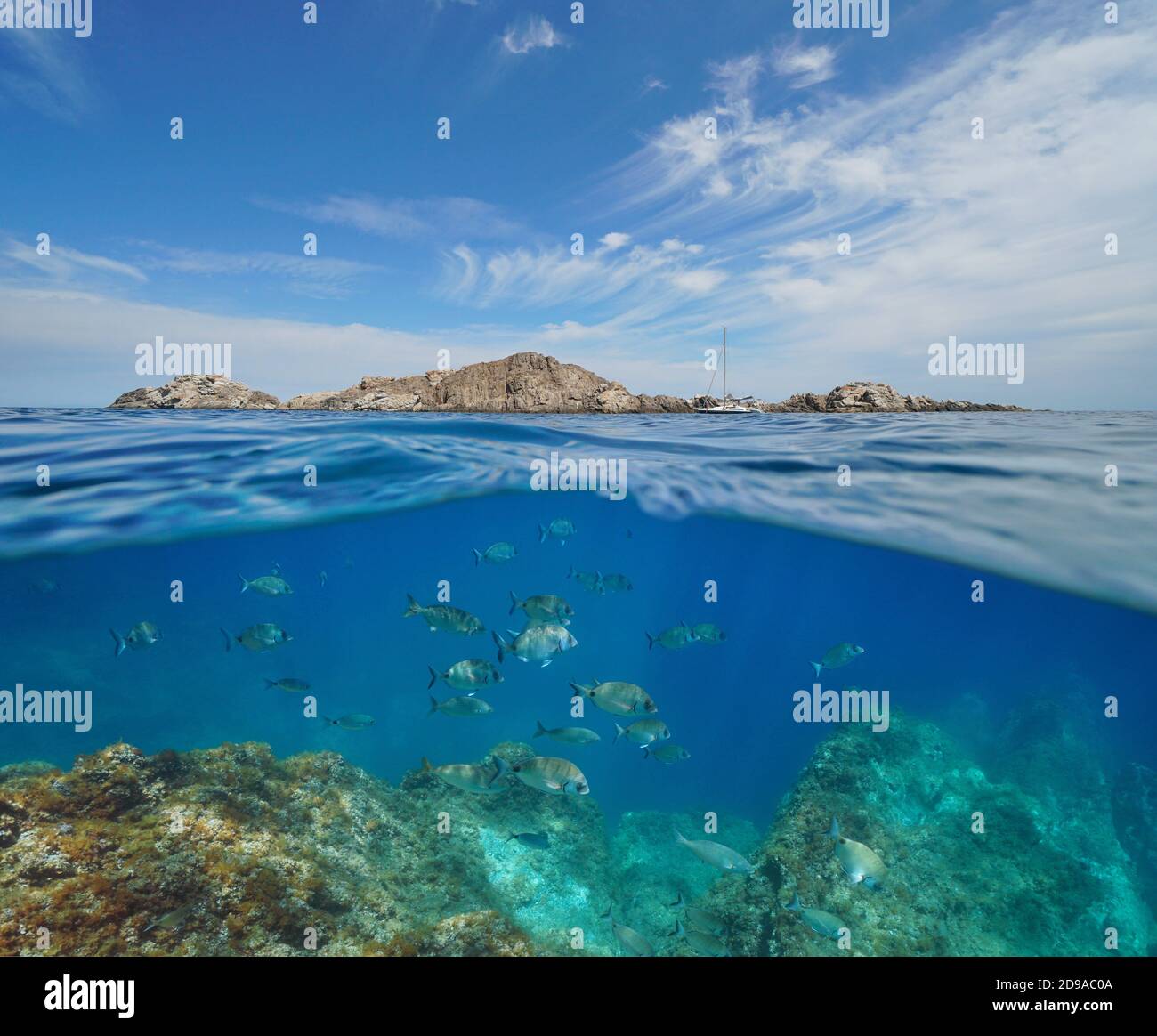 Seascape of Mediterranean sea, rocky island and a group of fish underwater, Cap de Creus, Costa Brava, Catalonia, Spain, split view over under water Stock Photo
