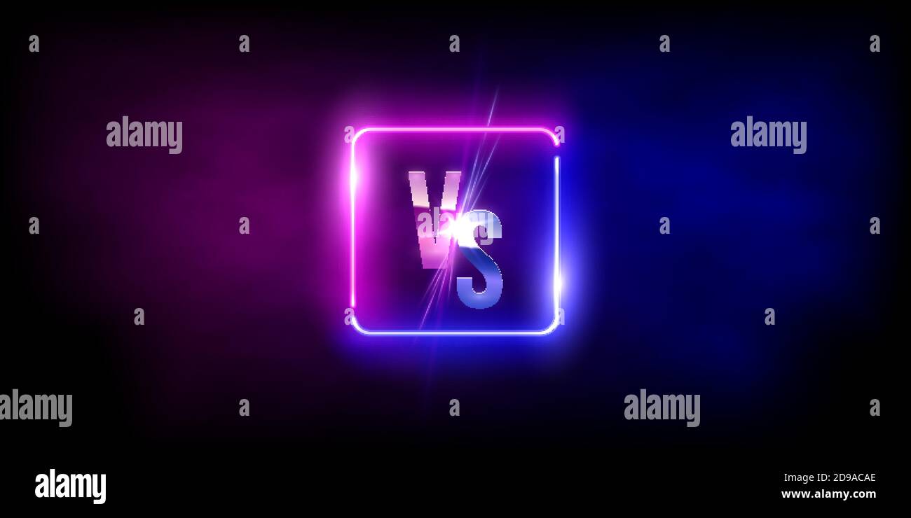 Versus VS sign in neon square frame in fog background. Laser glowing pink and blue lines with soft light effect. Vector illustration of realistic Stock Vector
