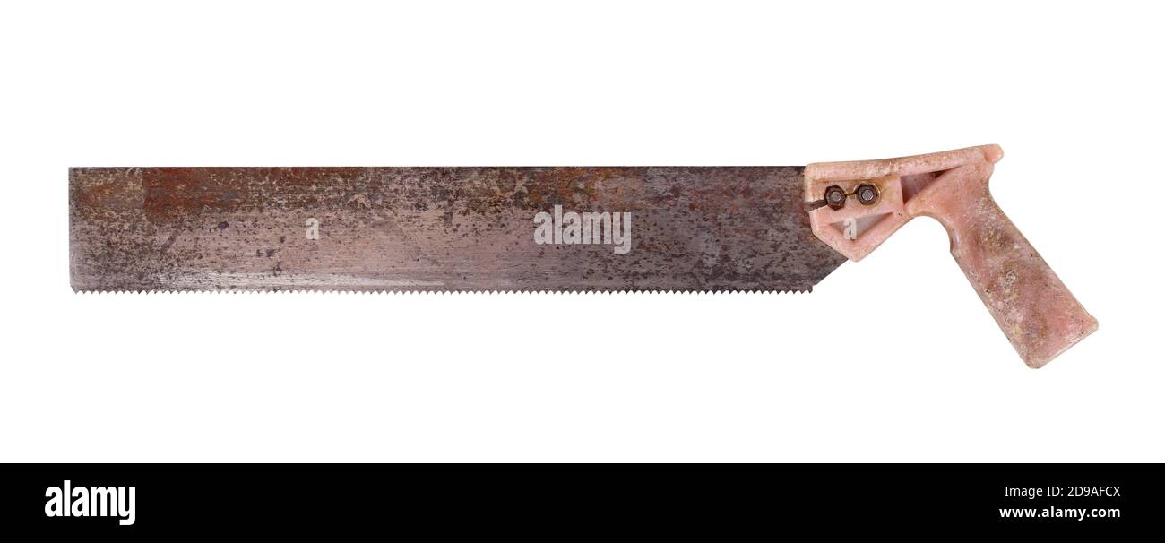 Tools Building and repair Old rusty hand saw closeup isolated on a