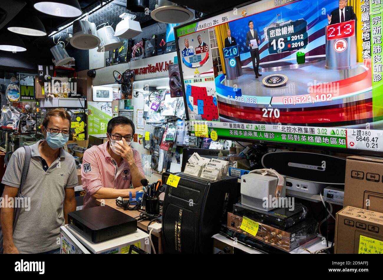An electronic goods store displays a television screen for sale with live news report about the US presidential election. Stock Photo