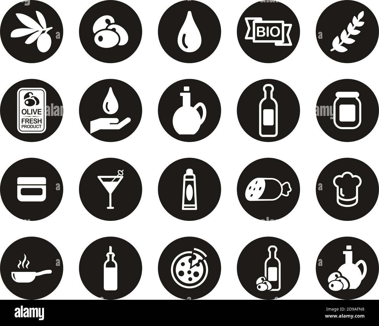 Olive & Olive Oil Icons White On Black Flat Design Circle Set Big Stock ...