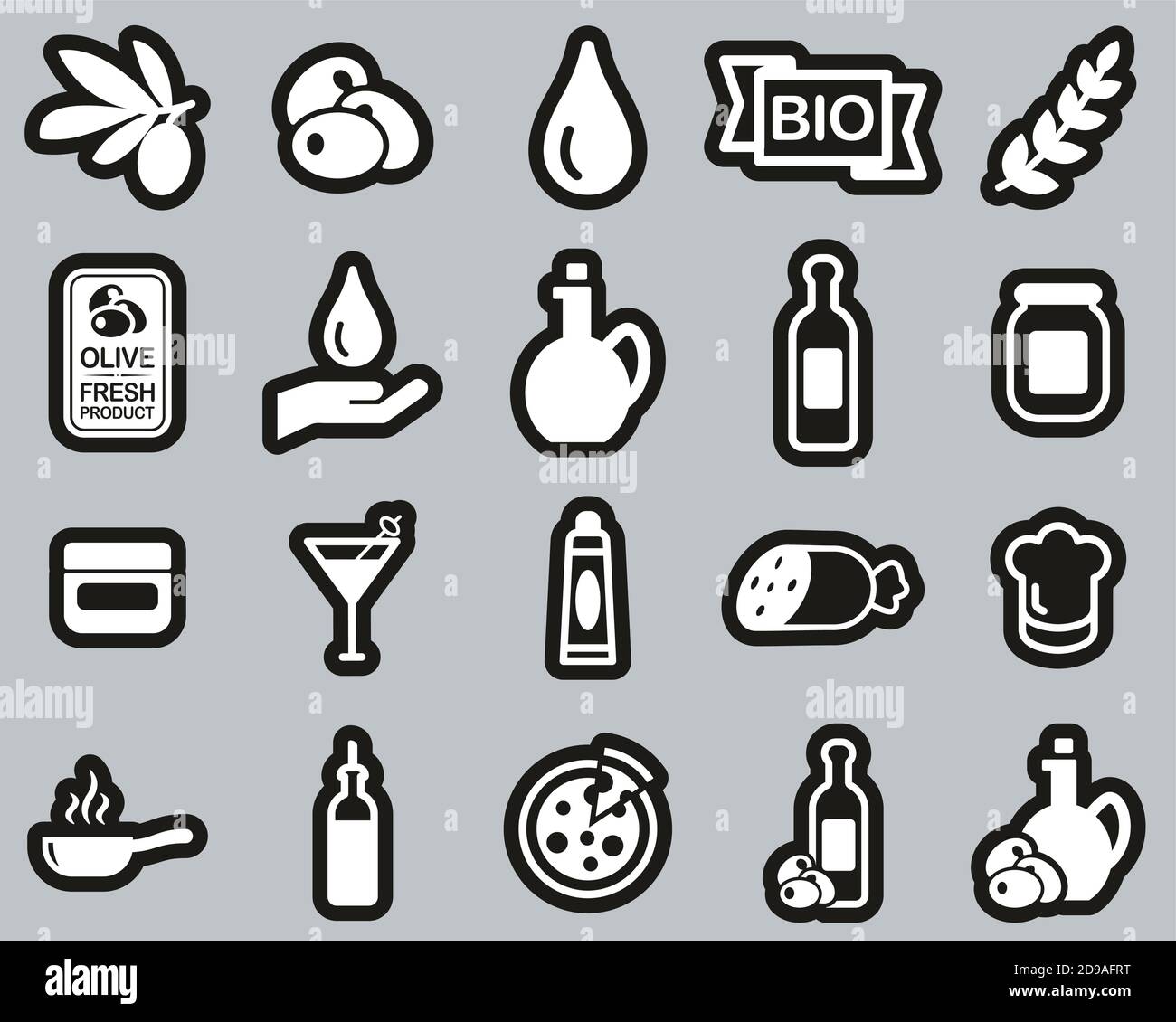 Olive & Olive Oil Icons White On Black Sticker Set Big Stock Vector ...