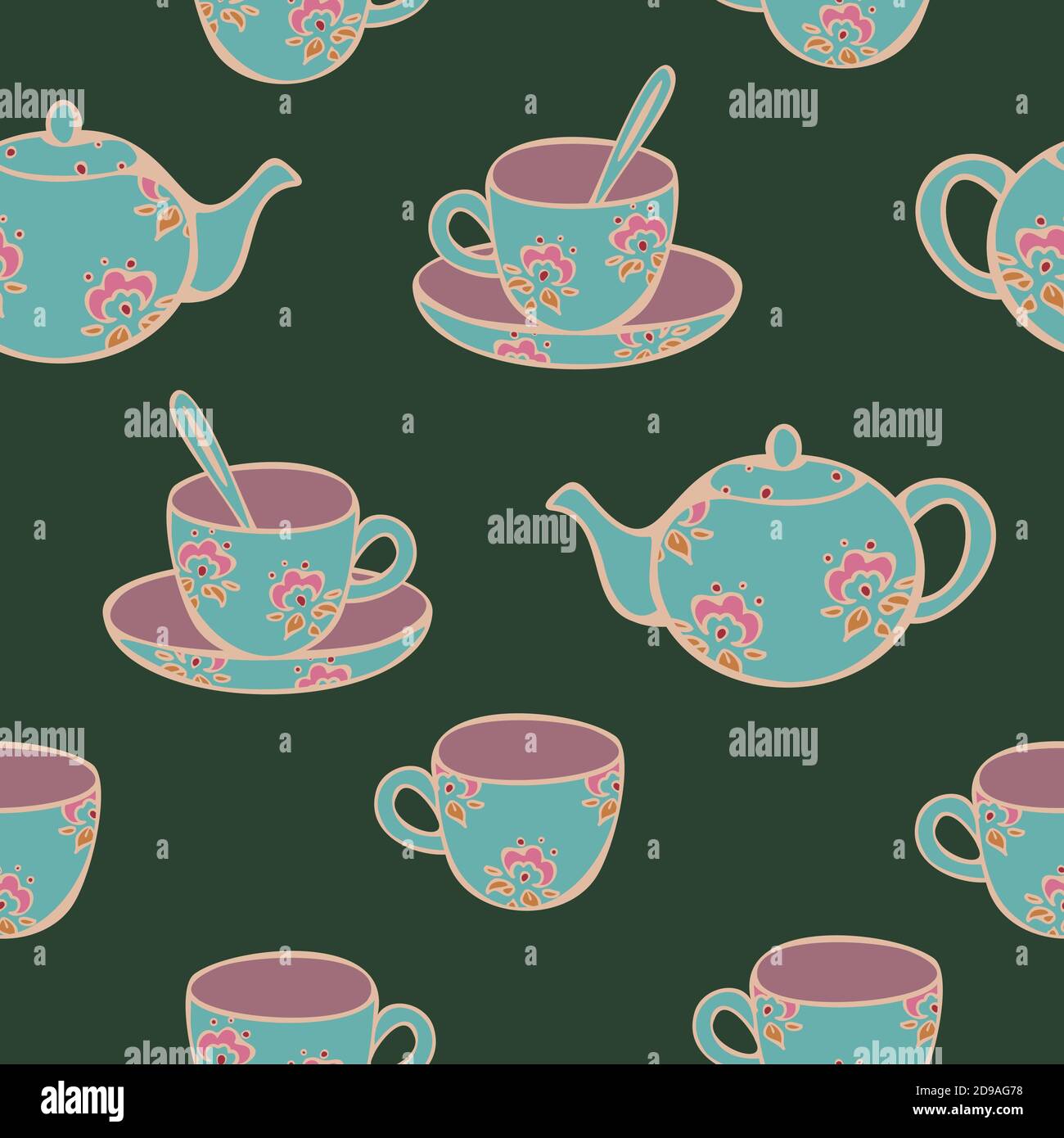 Vector seamless pattern of tea service parts decorated with flower design  on dark green background. Design for teas shop or café Stock Vector Image &  Art - Alamy