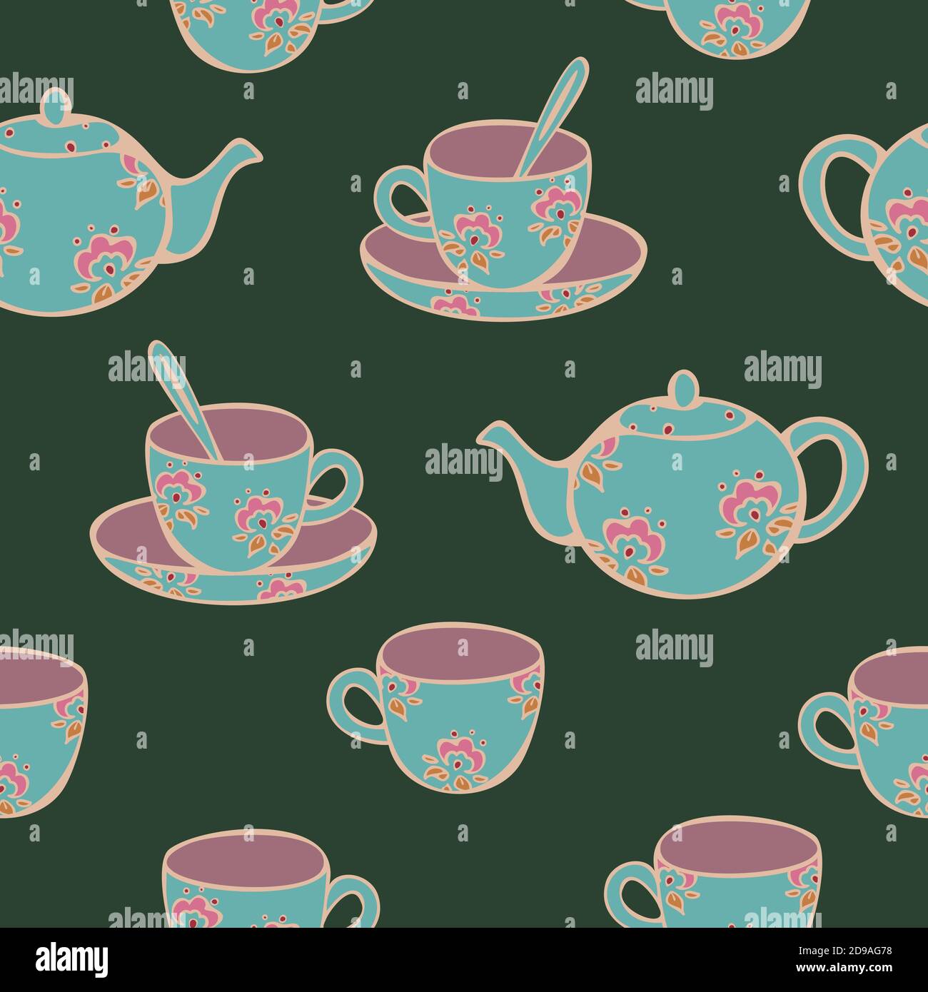 Vector seamless pattern of tea service parts decorated with flower design on dark green background. Design for teas shop or café. Stock Vector