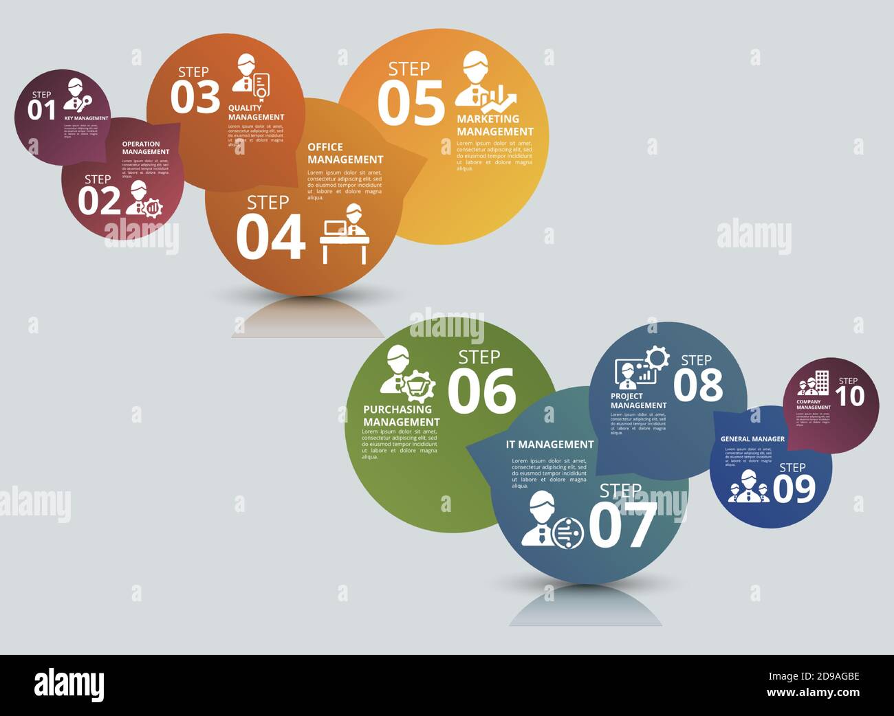 Infographic Company Management template. Icons in different colors ...