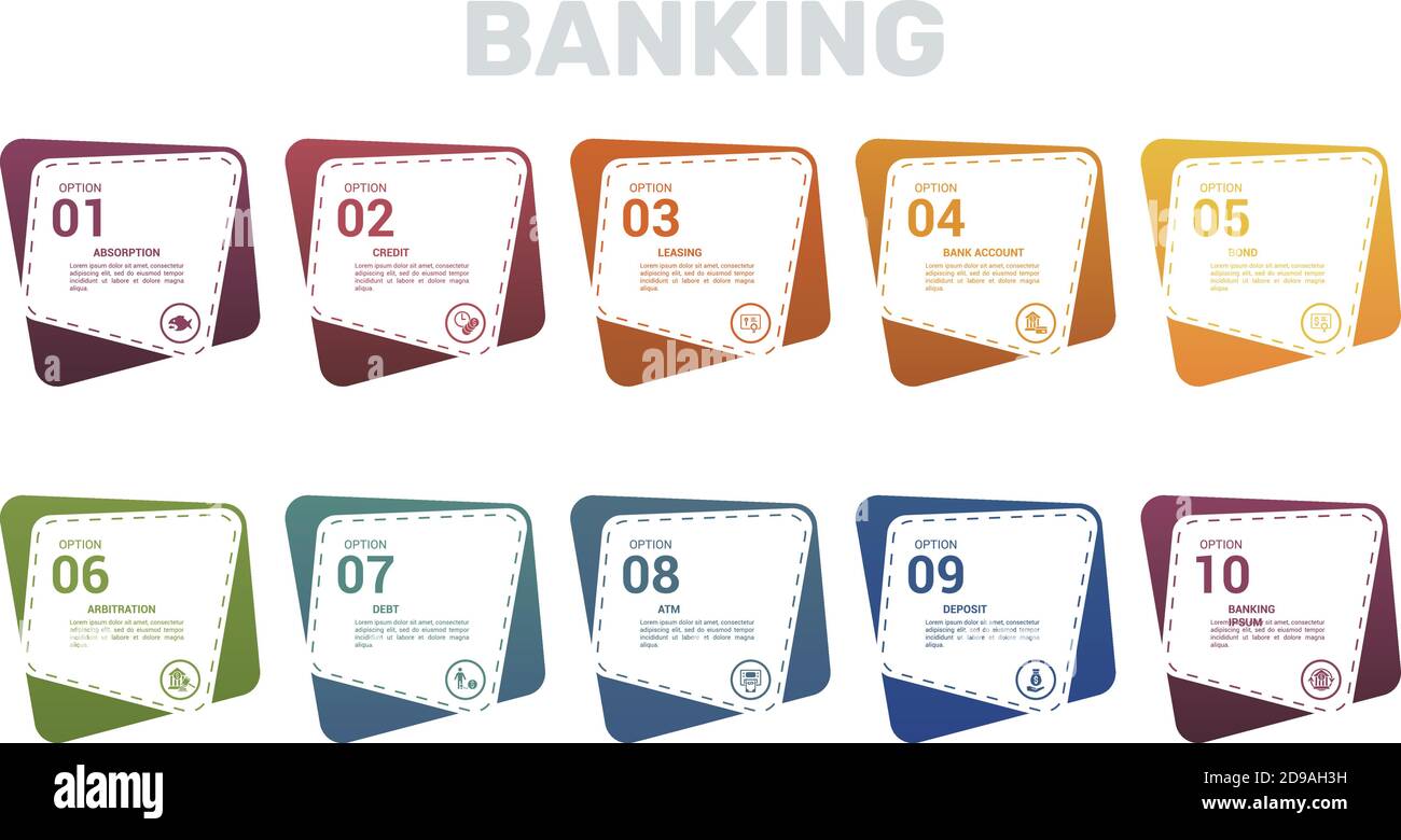 Infographic Banking Template Icons In Different Colors Include Absorption Credit Leasing Bank Account And Others Stock Vector Image Art Alamy