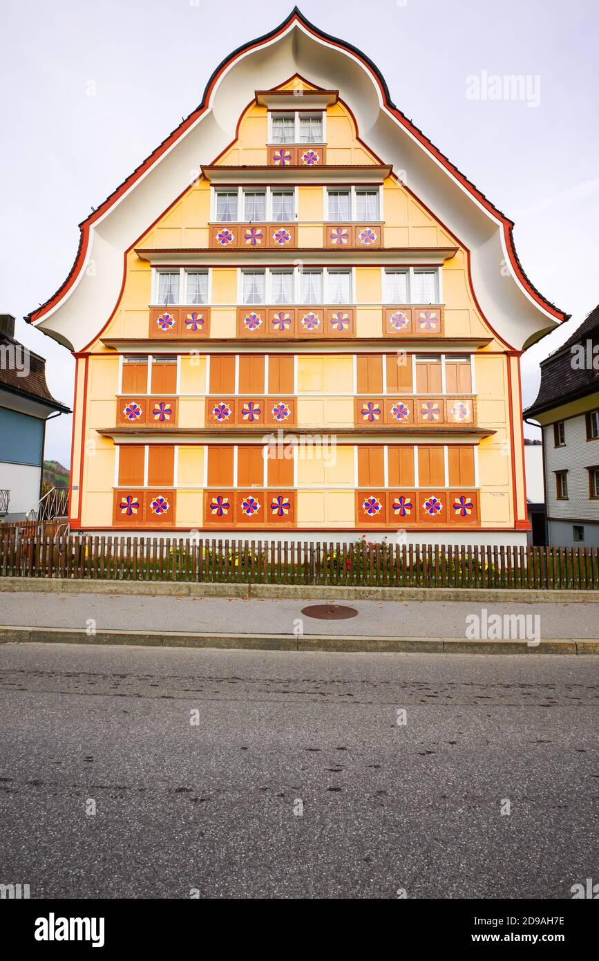 The Traditional  Swiss Village of Painted Houses Appenzell. Appenzell Innerrhoden is located in northeastern Switzerland, at the foot of the Alpstein Stock Photo