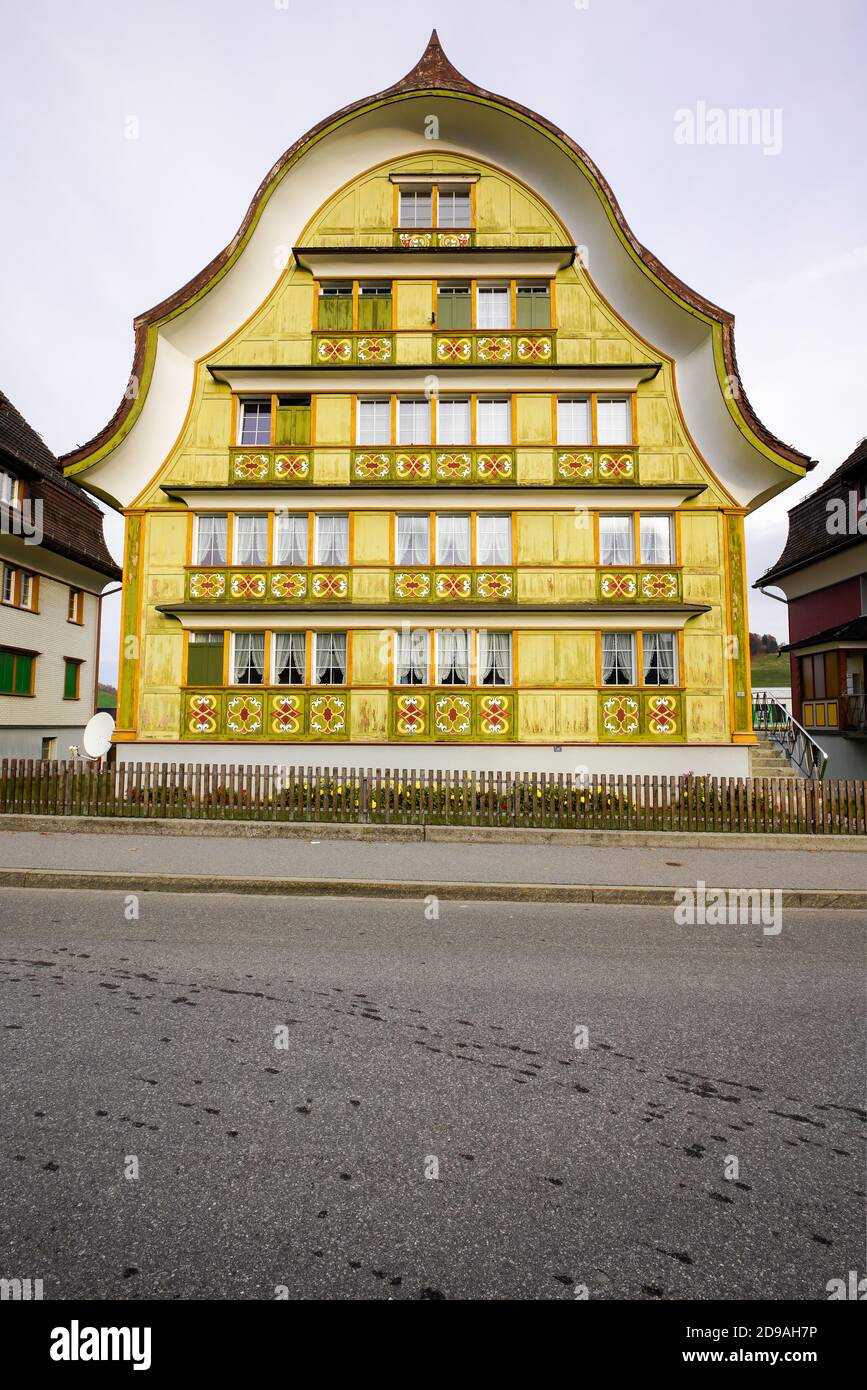 The Traditional  Swiss Village of Painted Houses Appenzell. Appenzell Innerrhoden is located in northeastern Switzerland, at the foot of the Alpstein Stock Photo