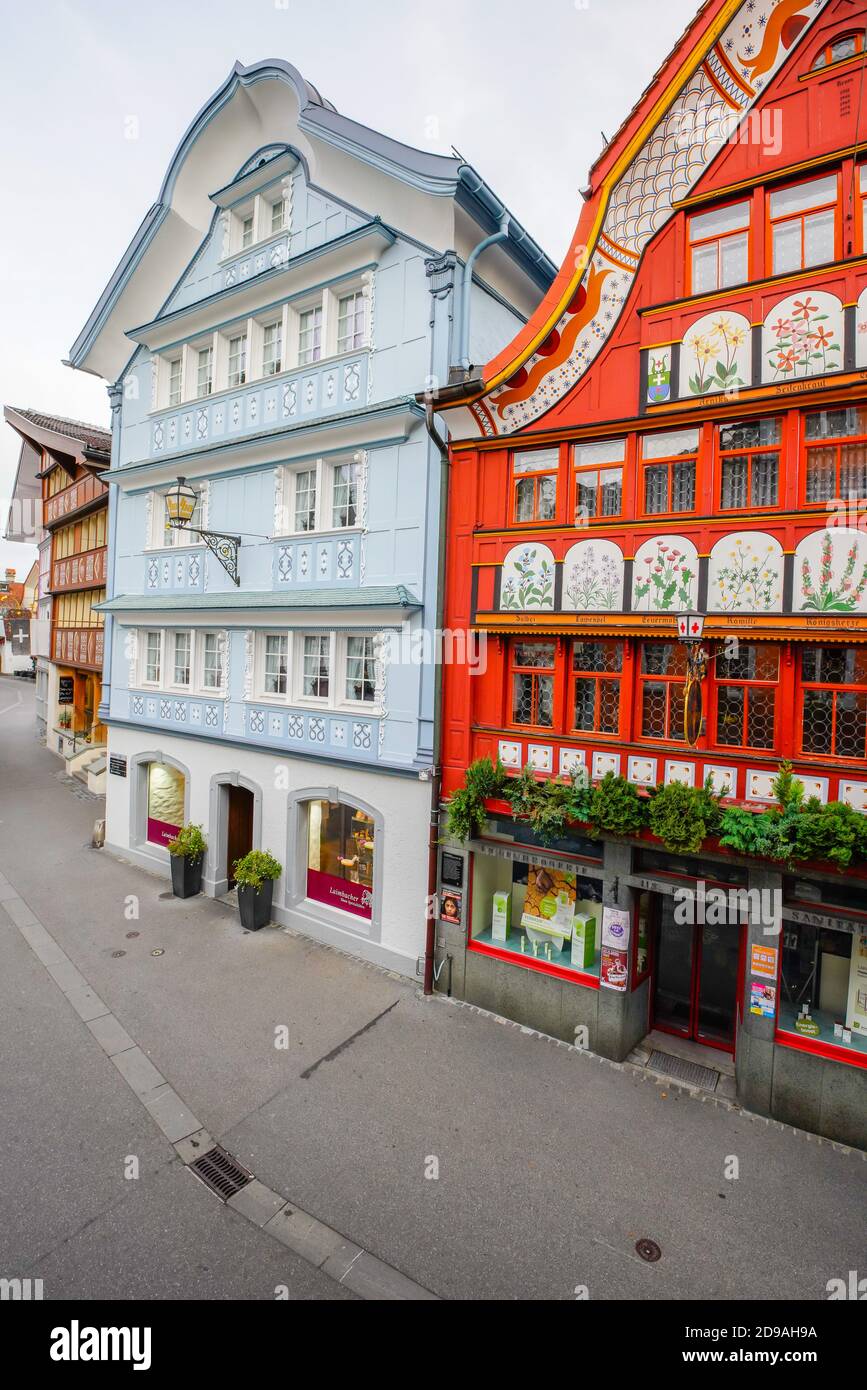 The Traditional  Swiss Village of Painted Houses Appenzell. Appenzell Innerrhoden is located in northeastern Switzerland, at the foot of the Alpstein Stock Photo