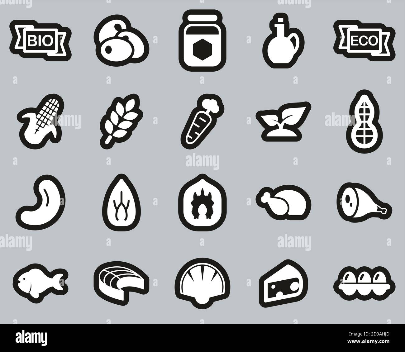 Organic Food Icons White On Black Sticker Set Big Stock Vector Image ...