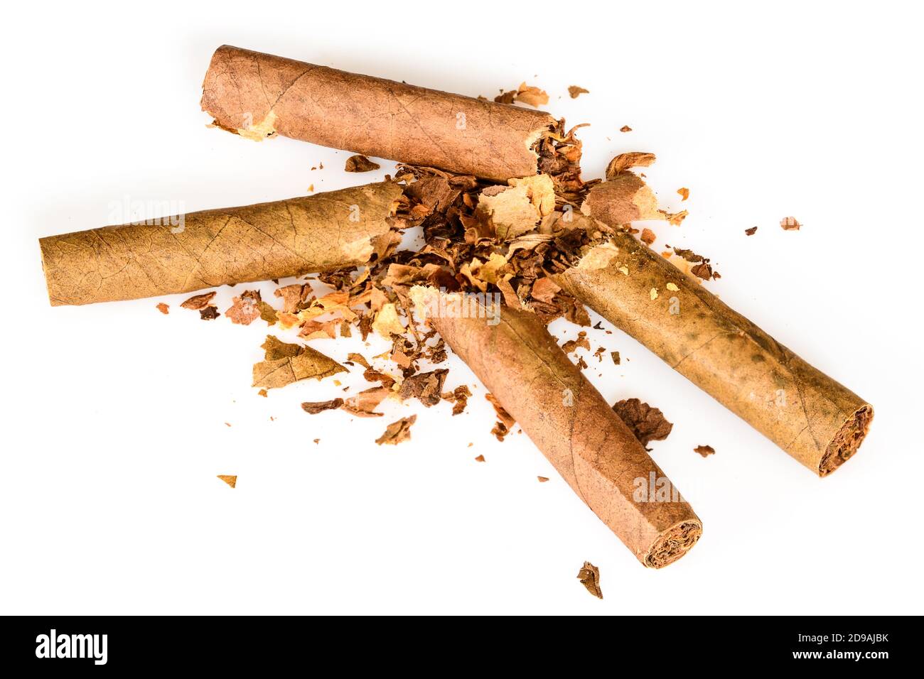Broken two tobacco cigarillos as a concept of quitting smoking. World No Tobacco Day. Isolated on white background, close up high resolution. Stock Photo