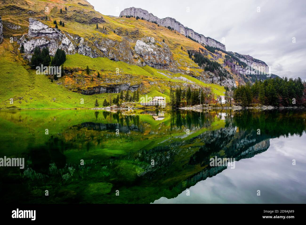 Beautiful landscape around Seealpsee lake in the Alpstein range of the canton of Appenzell Innerrhoden, Switzerland. Stock Photo