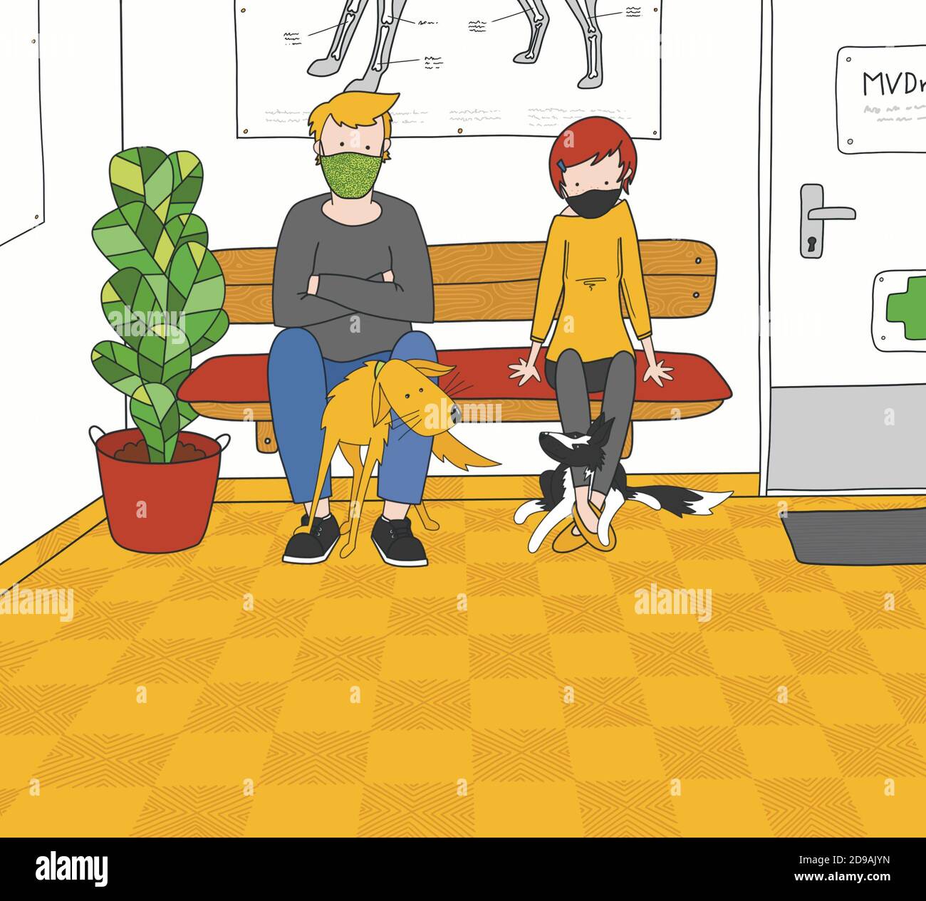 Illustration of young people waiting in veterinary waiting room with dogs. People wear cloth face mask as a prevention against coronavirus. Stock Photo