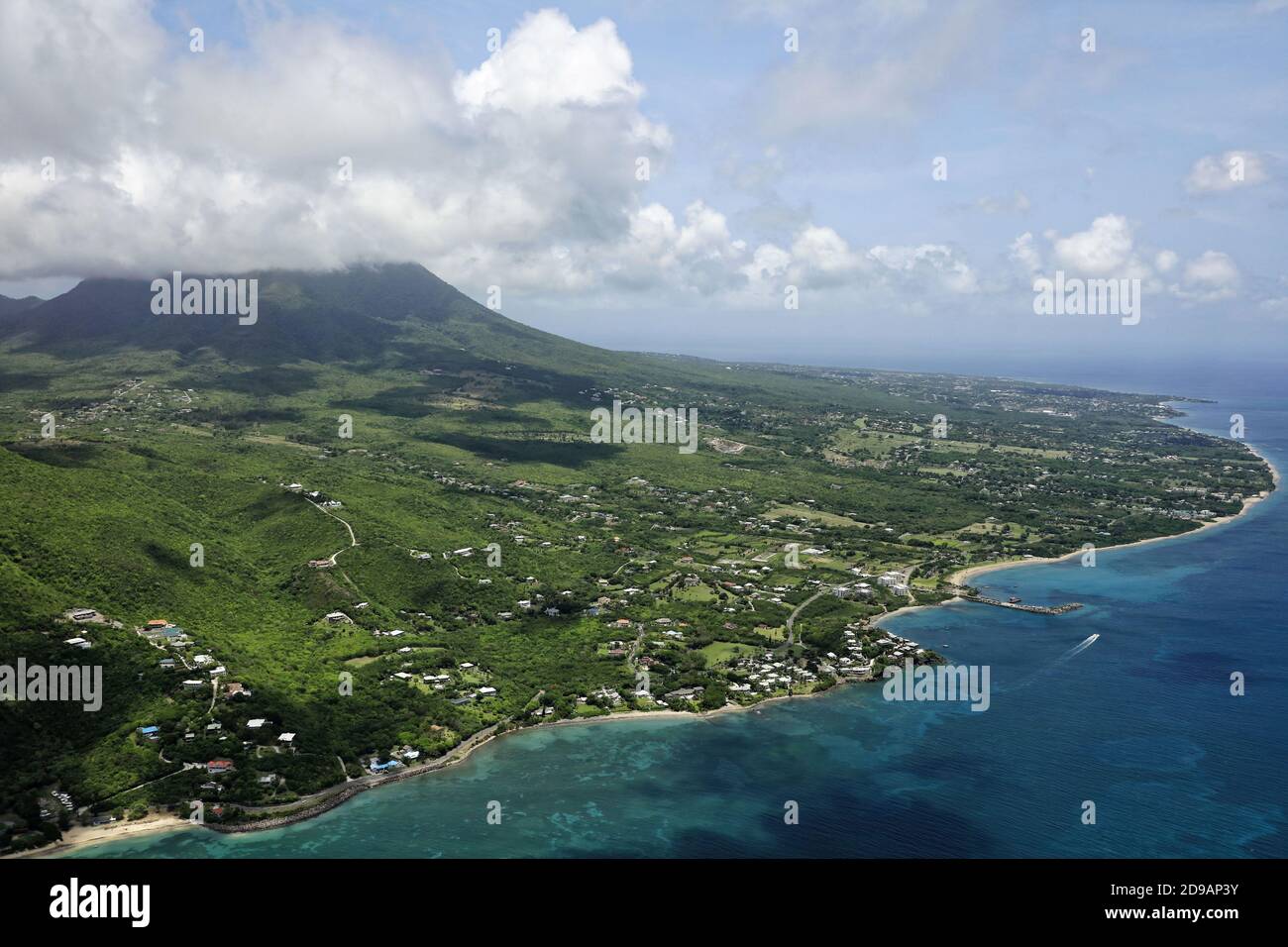 The Caribbean, St. Kitts and Nevis: aerial view of Jones Bay, north of Nevis Island. Stock Photo
