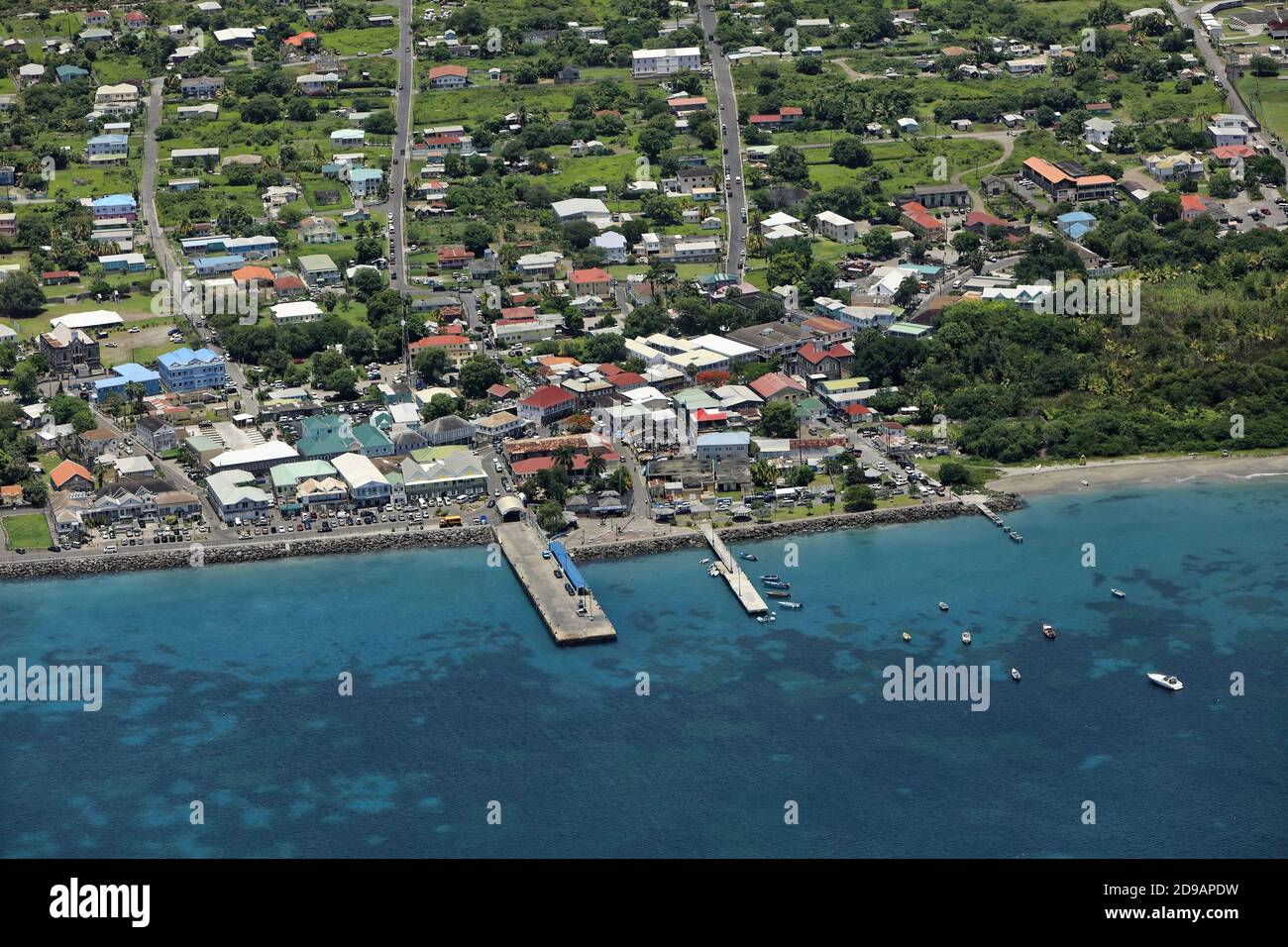 The Caribbean, St. Kitts and Nevis aerial view of the bay and Charlestown marina on Nevis