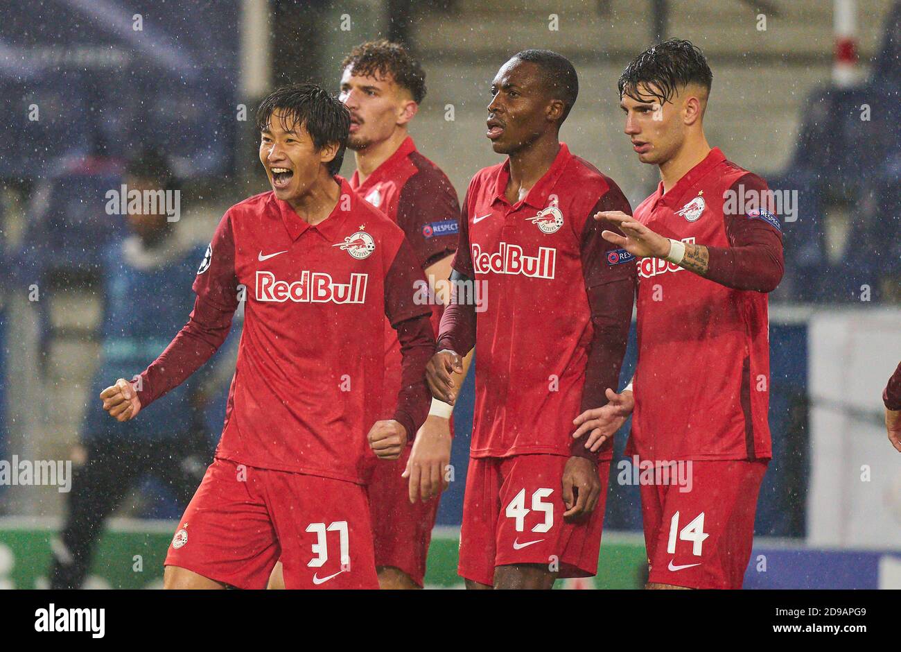 Salzburg, Austria, November 3, 2020.Masaya OKUGAWA, FC Salzburg Nr. 37   scores, shoots goal for , Tor, Treffer, 2-2, celebrates his goal, happy, laugh, celebration,  in the match  FC SALZBURG - FC BAYERN MUENCHEN  of football UEFA Champions League group stage in season 2020/2021 in Salzburg, Austria, November 3, 2020.   © Peter Schatz / Alamy Live News  Important: National and international News-Agencies OUT Editorial Use ONLY Credit: Peter Schatz/Alamy Live News Stock Photo