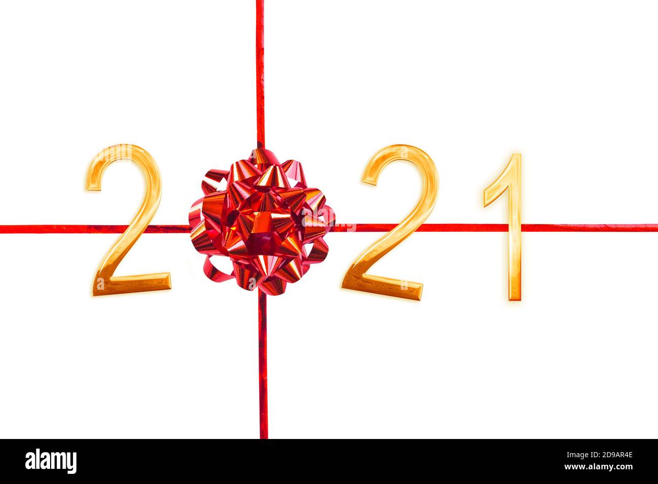 2021 golden numbers, red gift bow and ribbon isolated on white, new year and christmas card Stock Photo