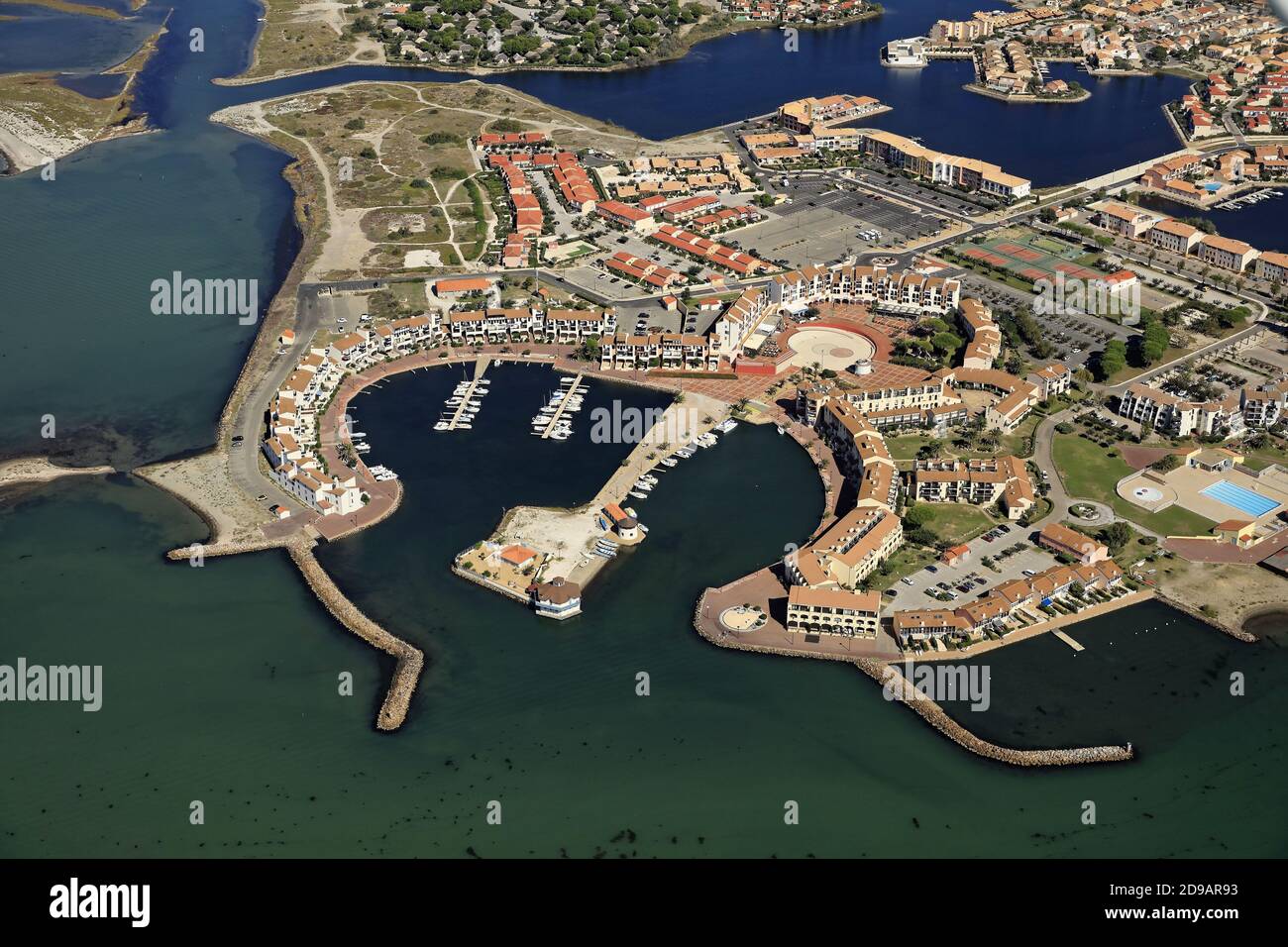 Le Barcares (south of France): aerial view of the district of La Coudalere and its marina on the pond of Salses-Leucate. Stock Photo
