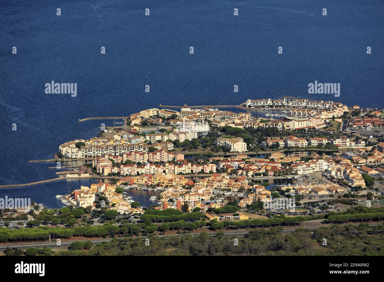 Le Barcares (south of France): aerial view of the peninsula of Coudalere in Port-Barcares Stock Photo