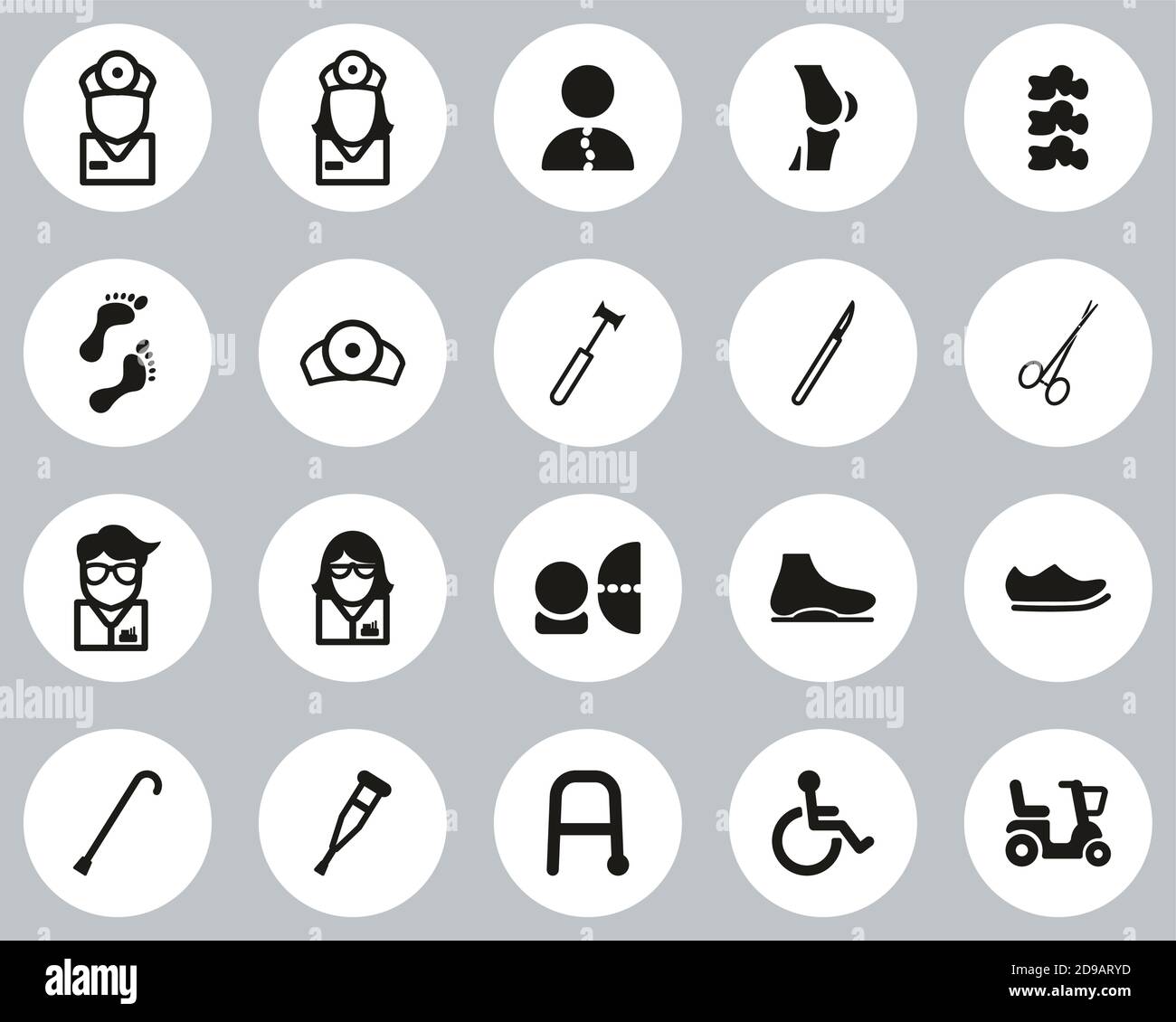Orthopedic Exam & Orthopedic Equipment Icons Black & White Flat Design Circle Set Big Stock Vector