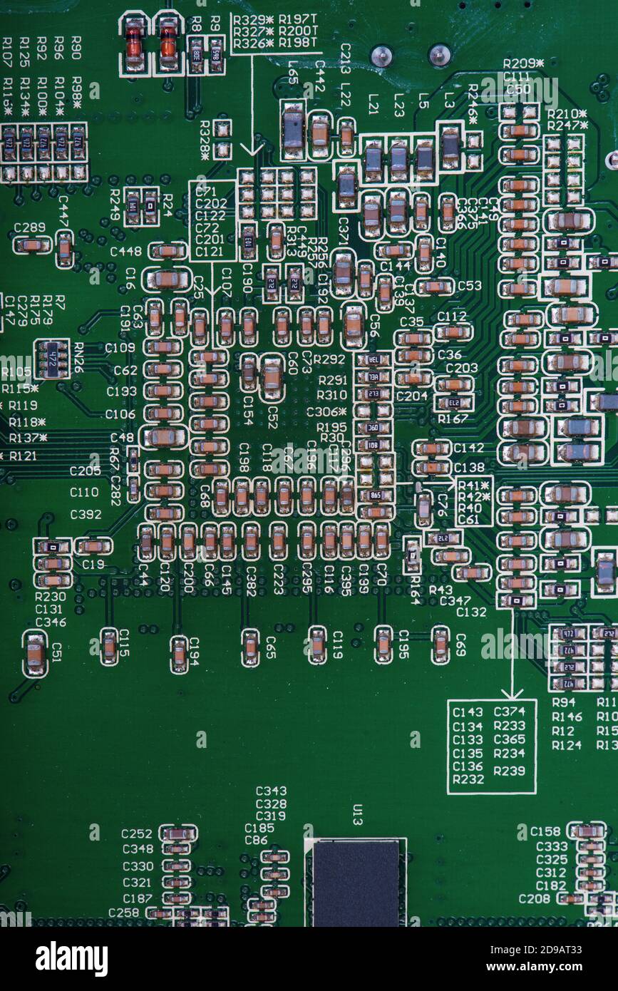 Old green circuit board close-up Stock Photo