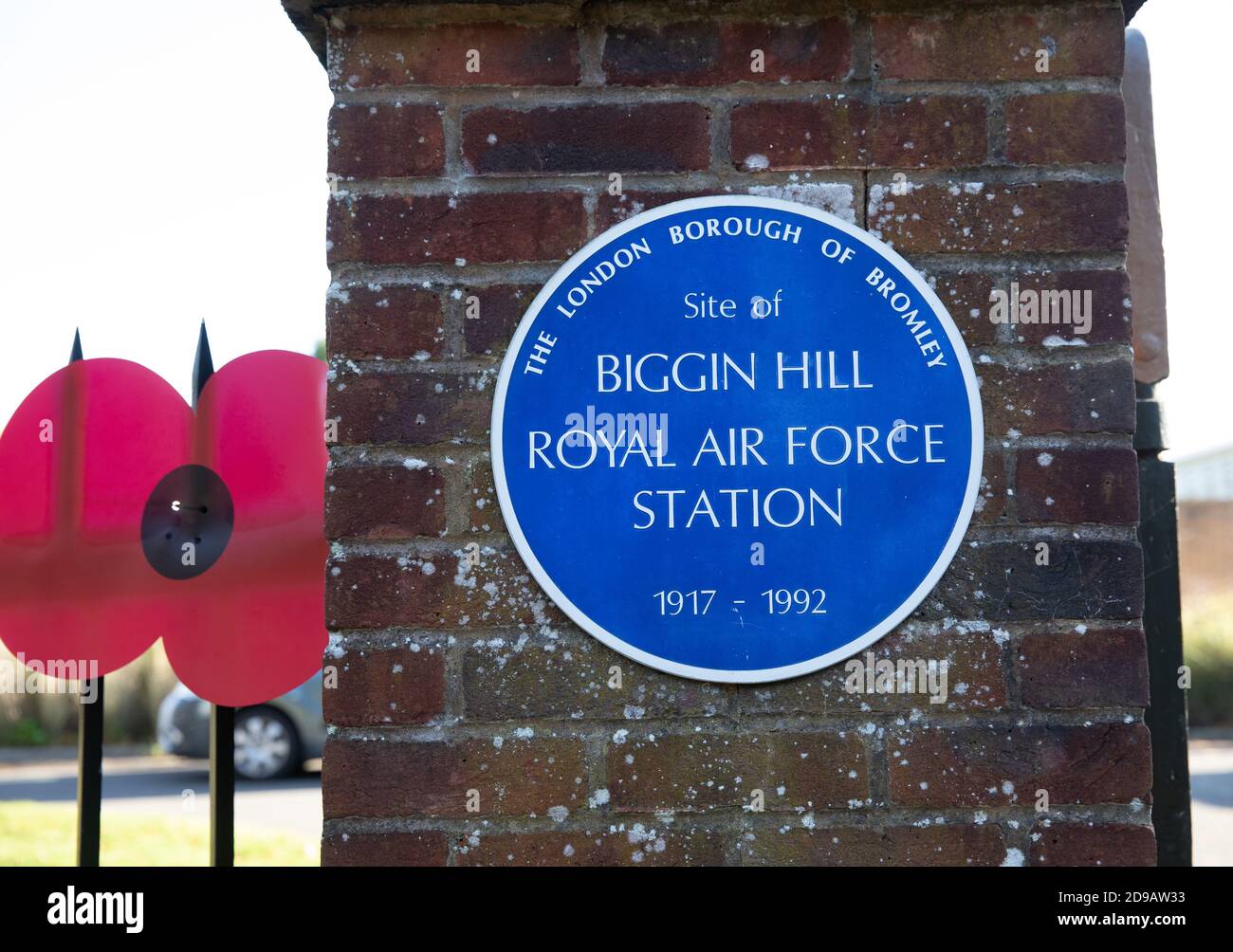 Biggin Hill,Kent,UK,4th November 2020,Poppies adorn the gates and railings of St George’s RAF chapel in Biggin Hill, Kent, in preparation for Remembrance Day. The Gate Guardians are a Spitfire and Hurricane.Credit: Keith Larby/Alamy Live News Stock Photo