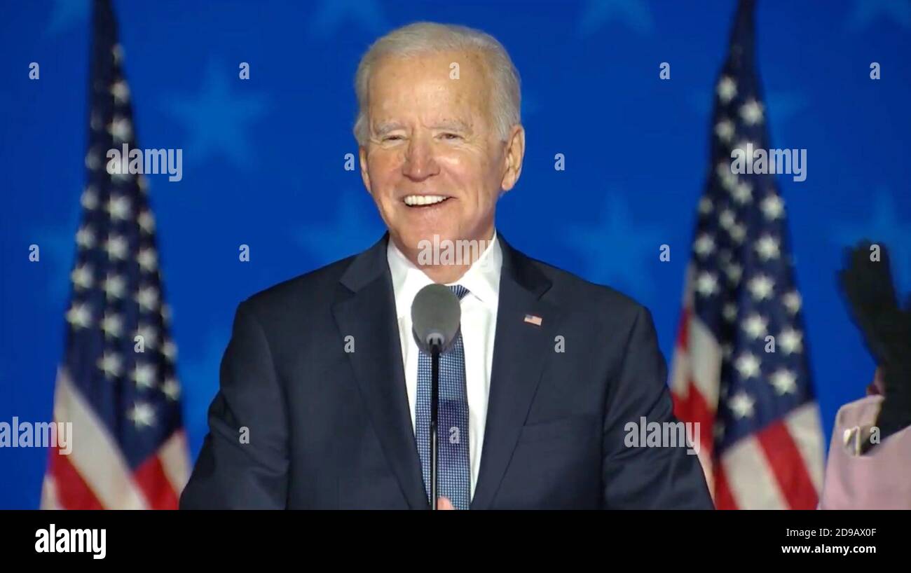 In this image from the Biden Campaign video feed, former United States Vice President Joe Biden, the 2020 Democratic Party nominee for President of the US, addresses the nation on Election Night, Tuesday, November 3, 2020.Credit: Biden Campaign via CNP /MediaPunch Stock Photo
