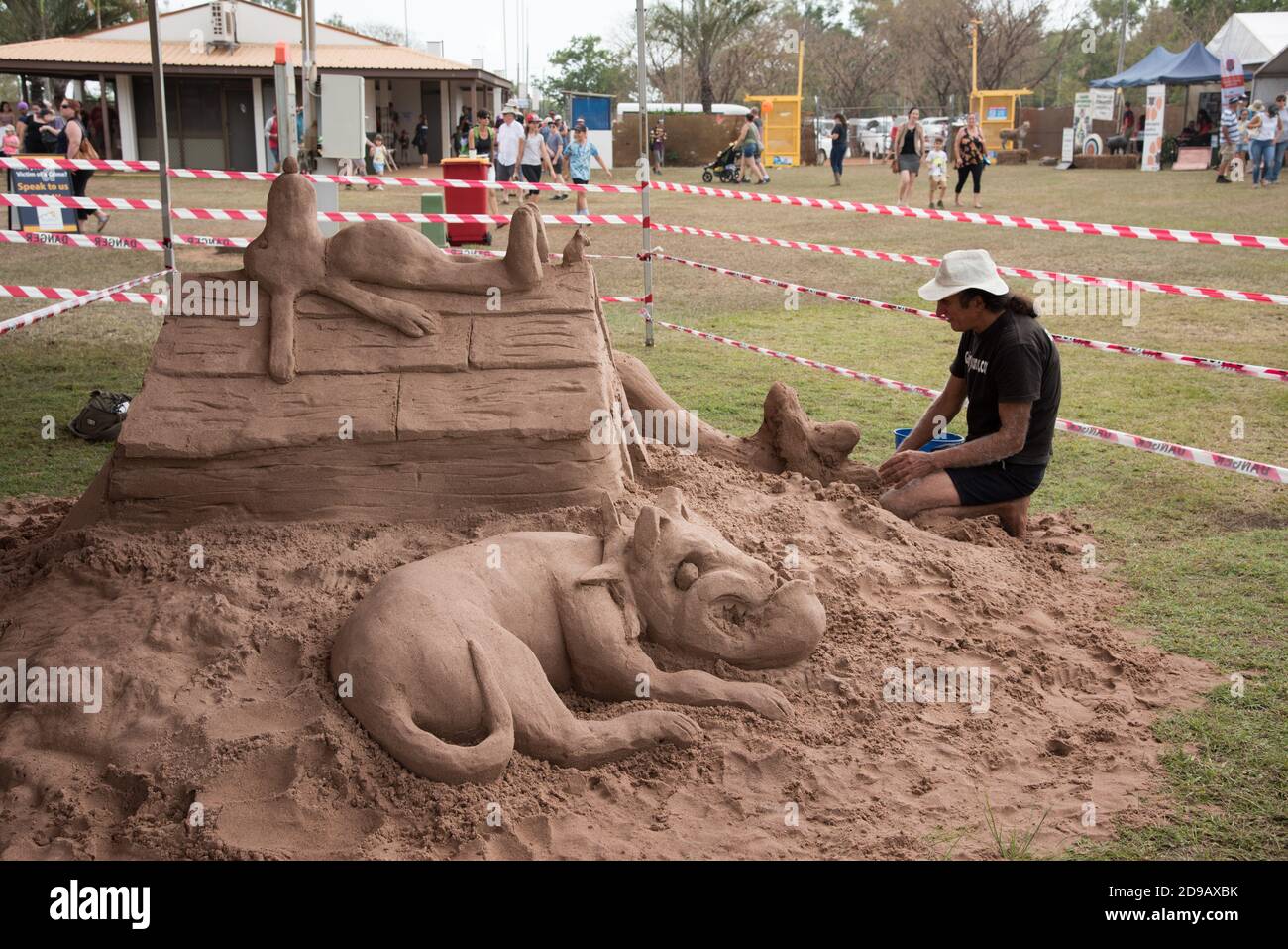 Darwin, NT, AustraliaJuly 27,2018 Artist making sand sculptures of