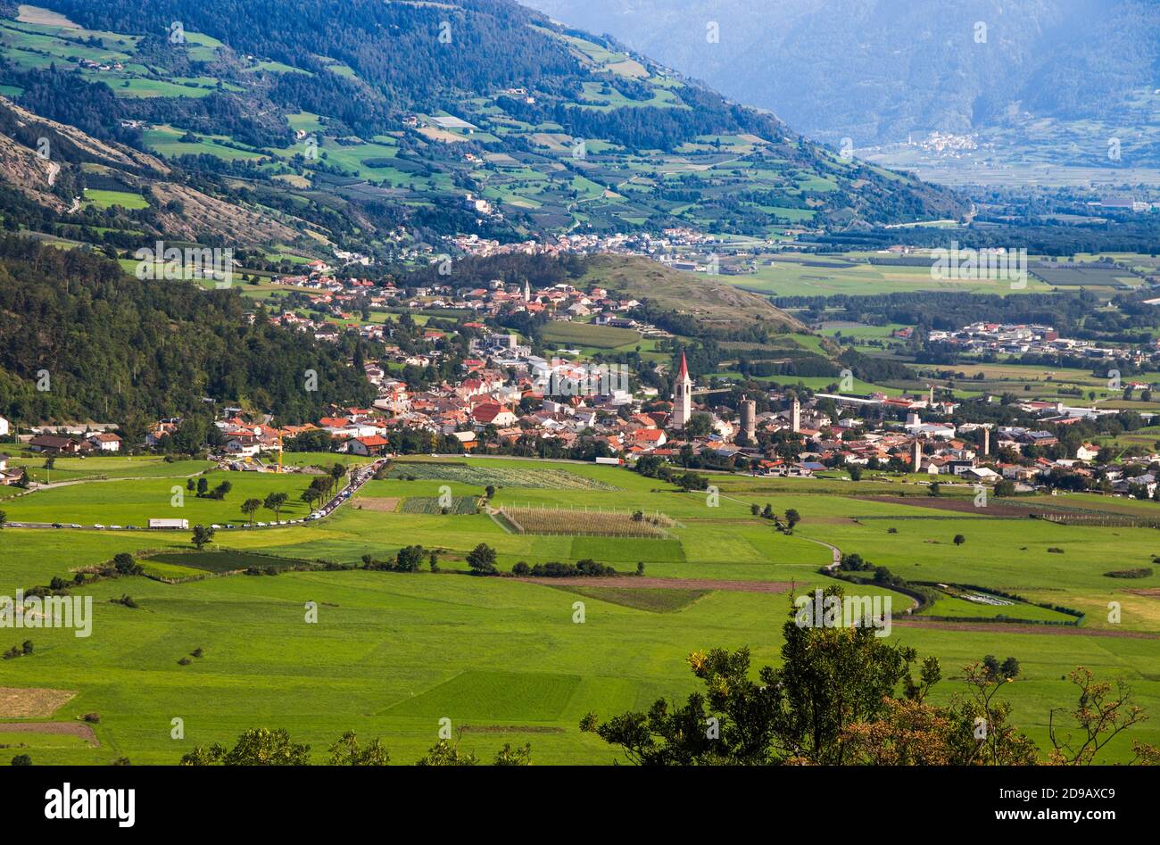 MALLES, ITALY, SEPTEMBER 11, 2020 - Aerial view of the alpine town of Malles, Val Venosta, South Tyrol, Italy Stock Photo
