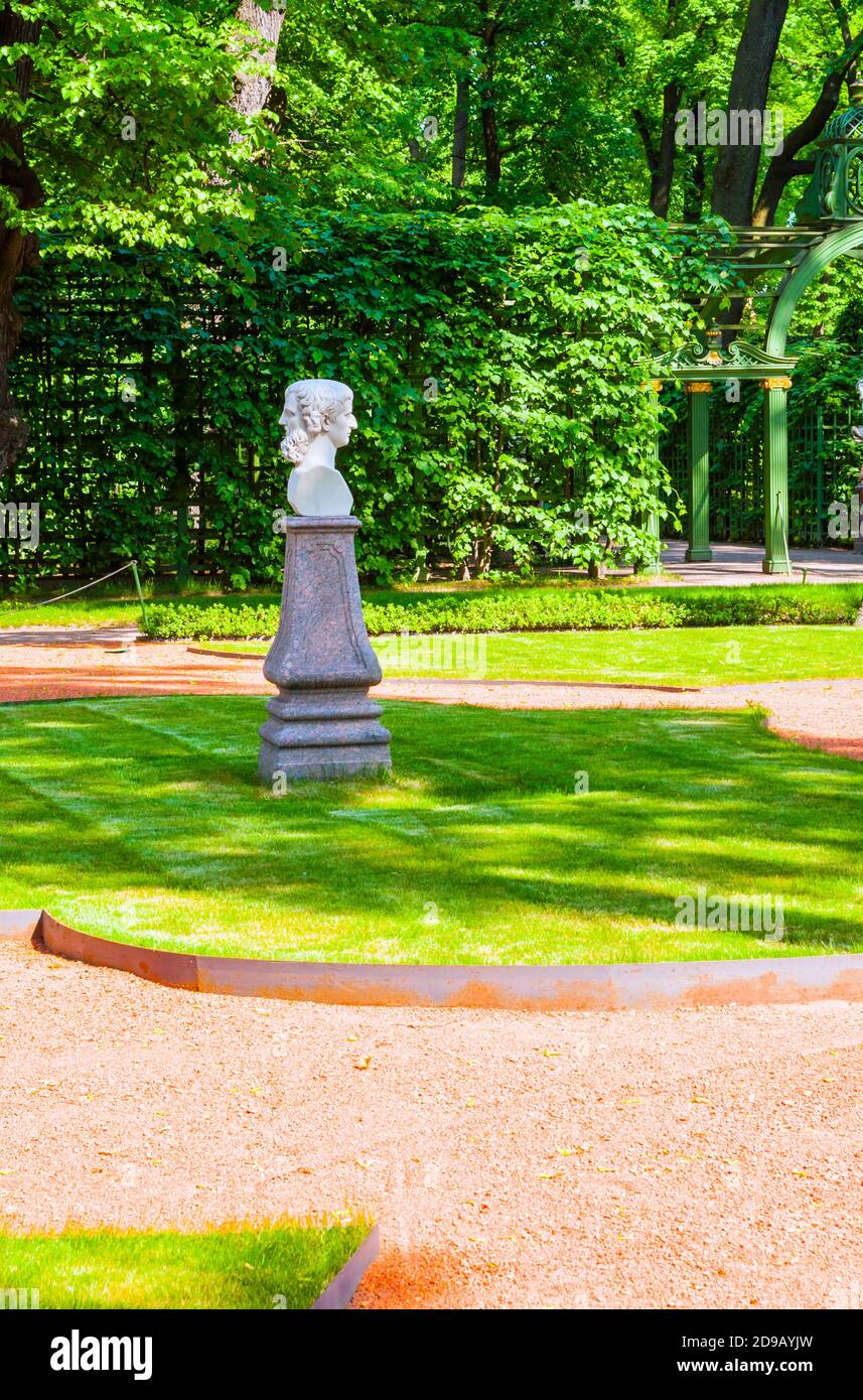 St Petersburg, Russia - June 6, 2019. The sculpture of two faced Janus - the Roman god of beginnings and endings. Summer garden Stock Photo