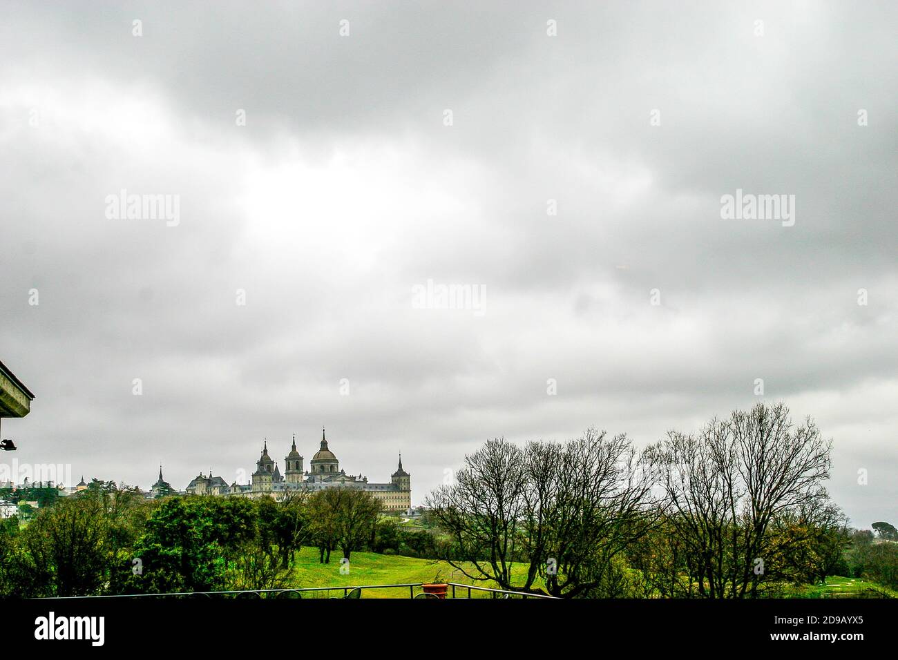 View of the Monastery of San Lorenzo del Escorial from the La Herreria golf course in Madrid, Spain Stock Photo